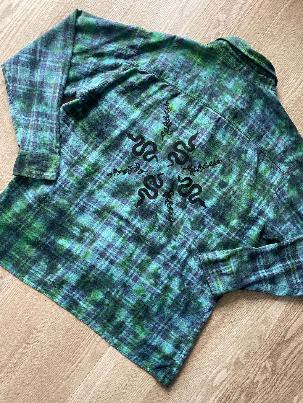 LARGE Women’s Saucatauk Dry Goods Grunge Handmade Tie Dye Flannel Shirt | One-Of-a-Kind Pastel Upcycled Long Sleeve with Snakes and Leaves Block Print