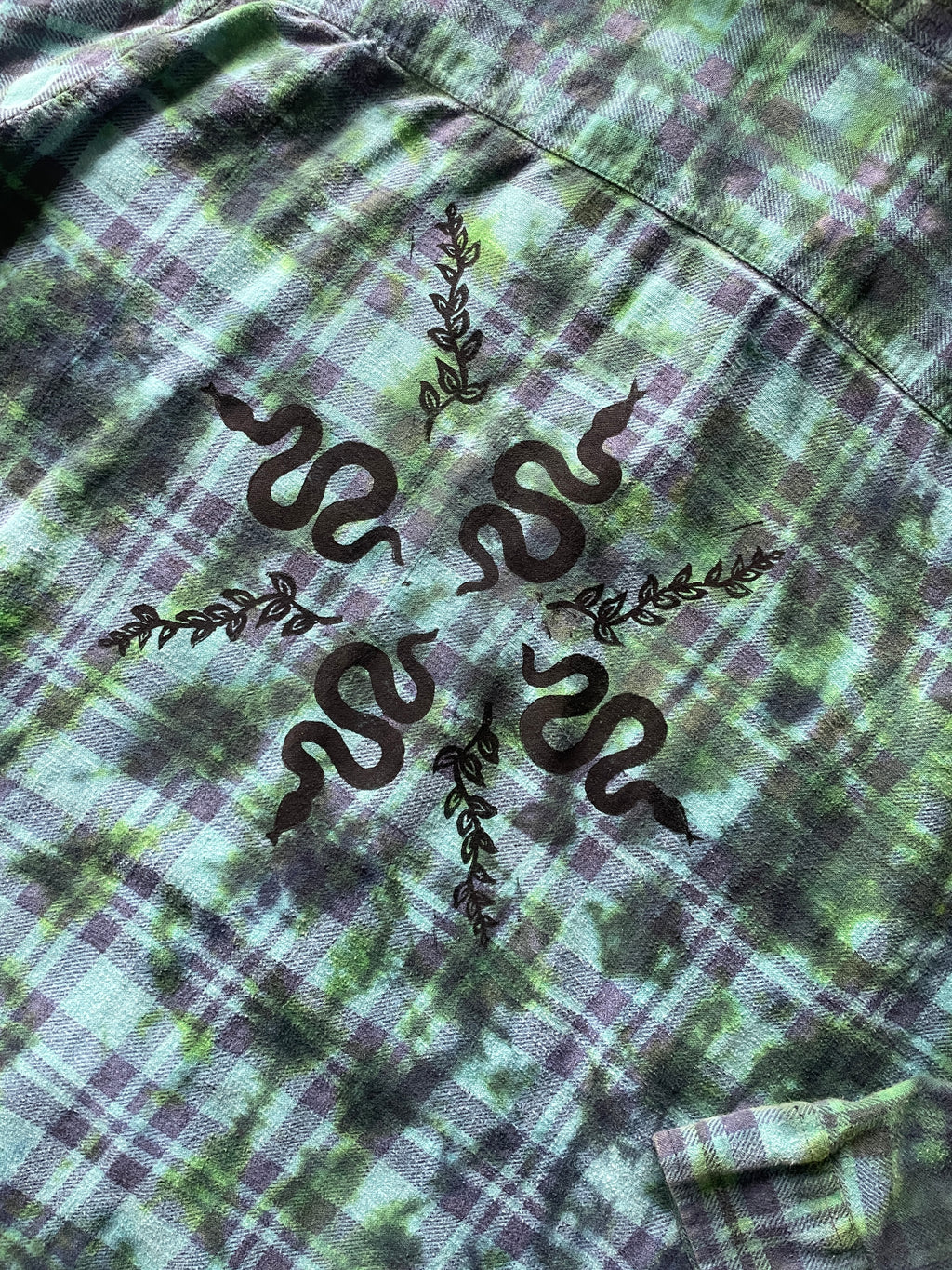 LARGE Women’s Saucatauk Dry Goods Grunge Handmade Tie Dye Flannel Shirt | One-Of-a-Kind Pastel Upcycled Long Sleeve with Snakes and Leaves Block Print