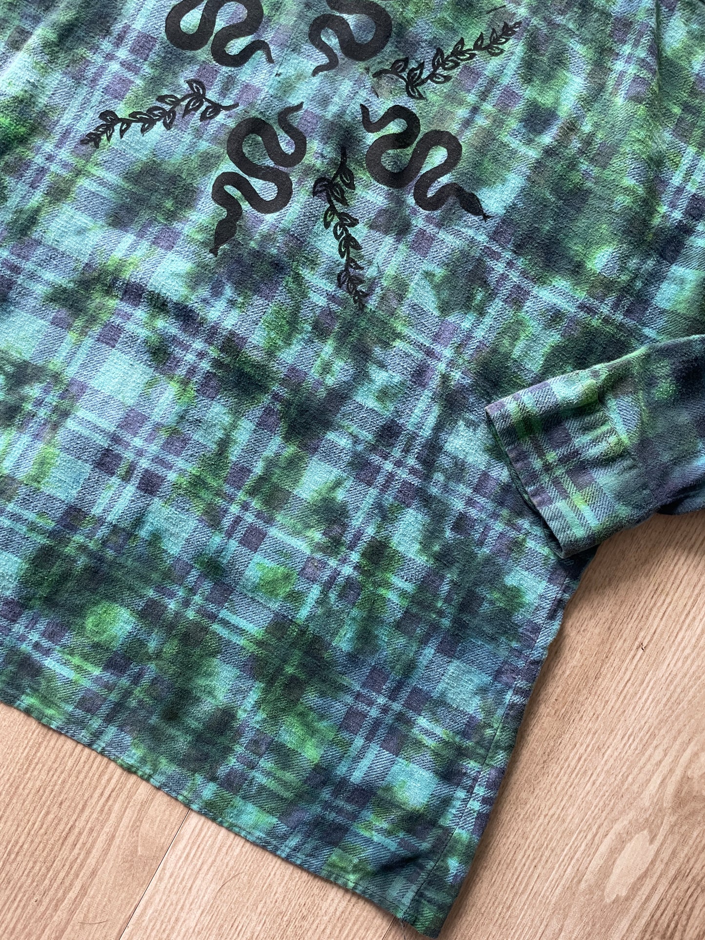 LARGE Women’s Saucatauk Dry Goods Grunge Handmade Tie Dye Flannel Shirt | One-Of-a-Kind Pastel Upcycled Long Sleeve with Snakes and Leaves Block Print