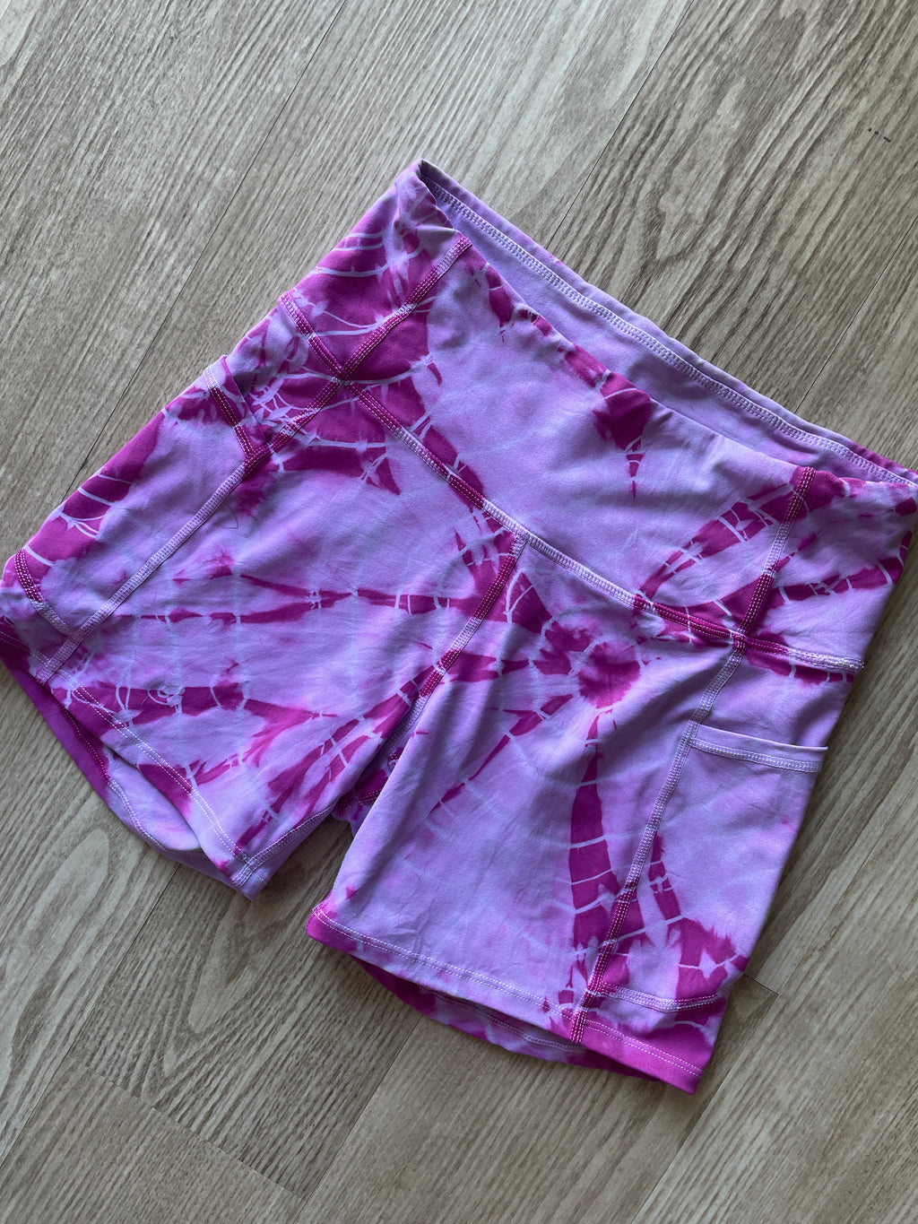 Small Women's Pastel Pink Geode Bike Shorts with Pockets and Peace Skellie Hands Graphic | High-Waist Yoga Workout Running Shorts with Deep Pockets