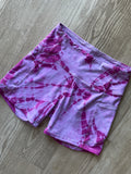Small Women's Pastel Pink Geode Bike Shorts with Pockets and Peace Skellie Hands Graphic | High-Waist Yoga Workout Running Shorts with Deep Pockets