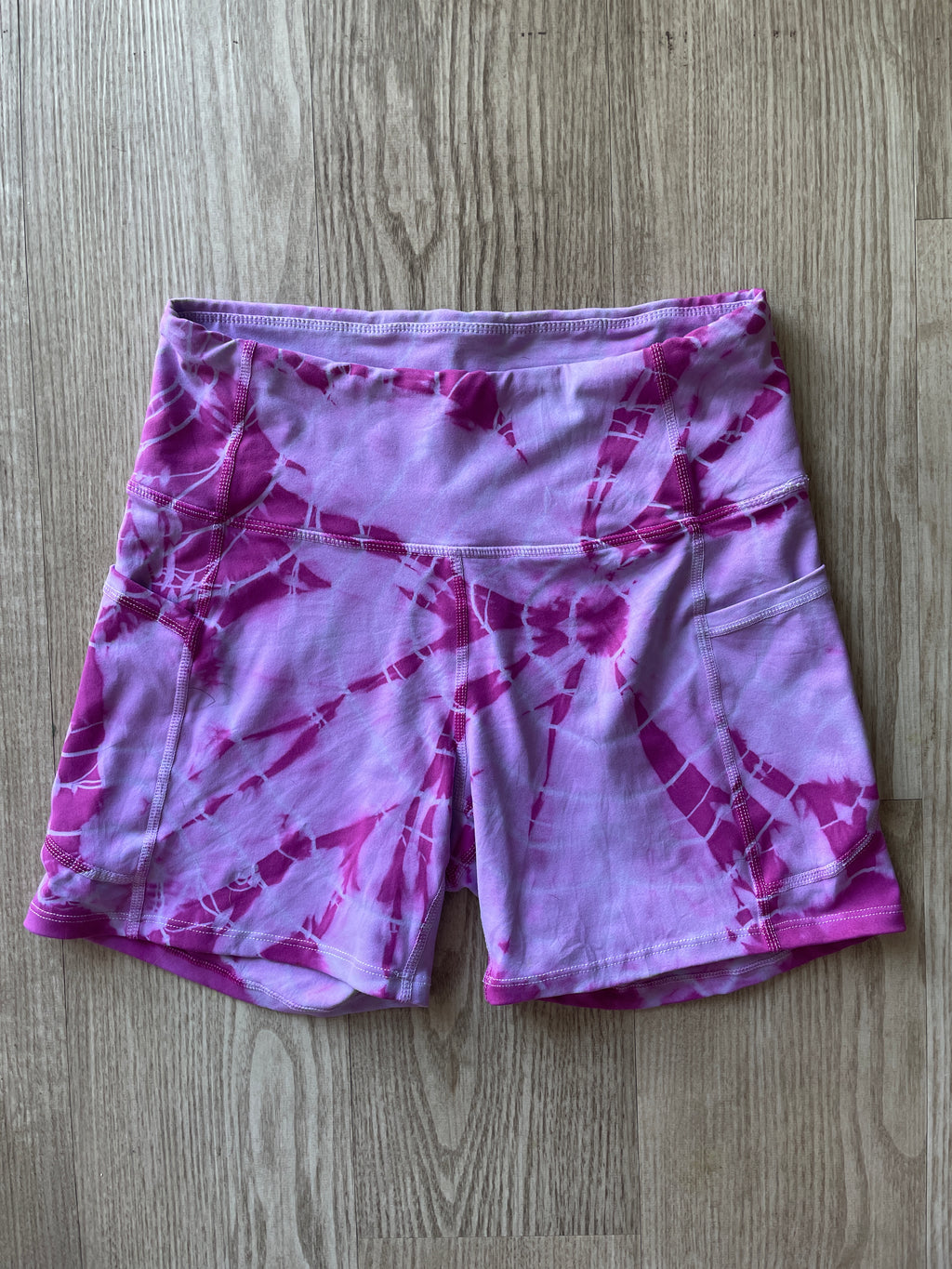 Small Women's Pastel Pink Geode Bike Shorts with Pockets and Peace Skellie Hands Graphic | High-Waist Yoga Workout Running Shorts with Deep Pockets