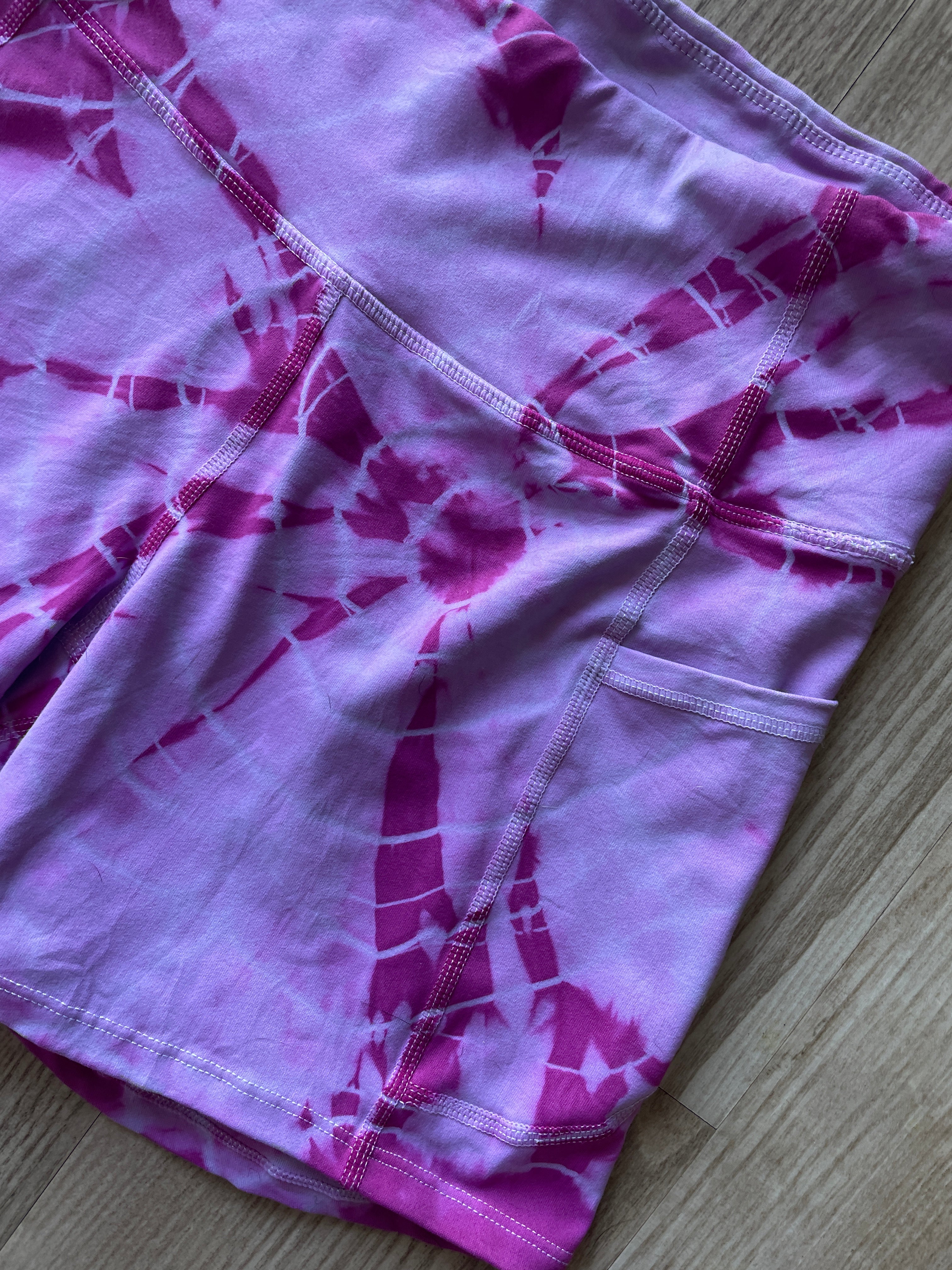 Small Women's Pastel Pink Geode Bike Shorts with Pockets and Peace Skellie Hands Graphic | High-Waist Yoga Workout Running Shorts with Deep Pockets