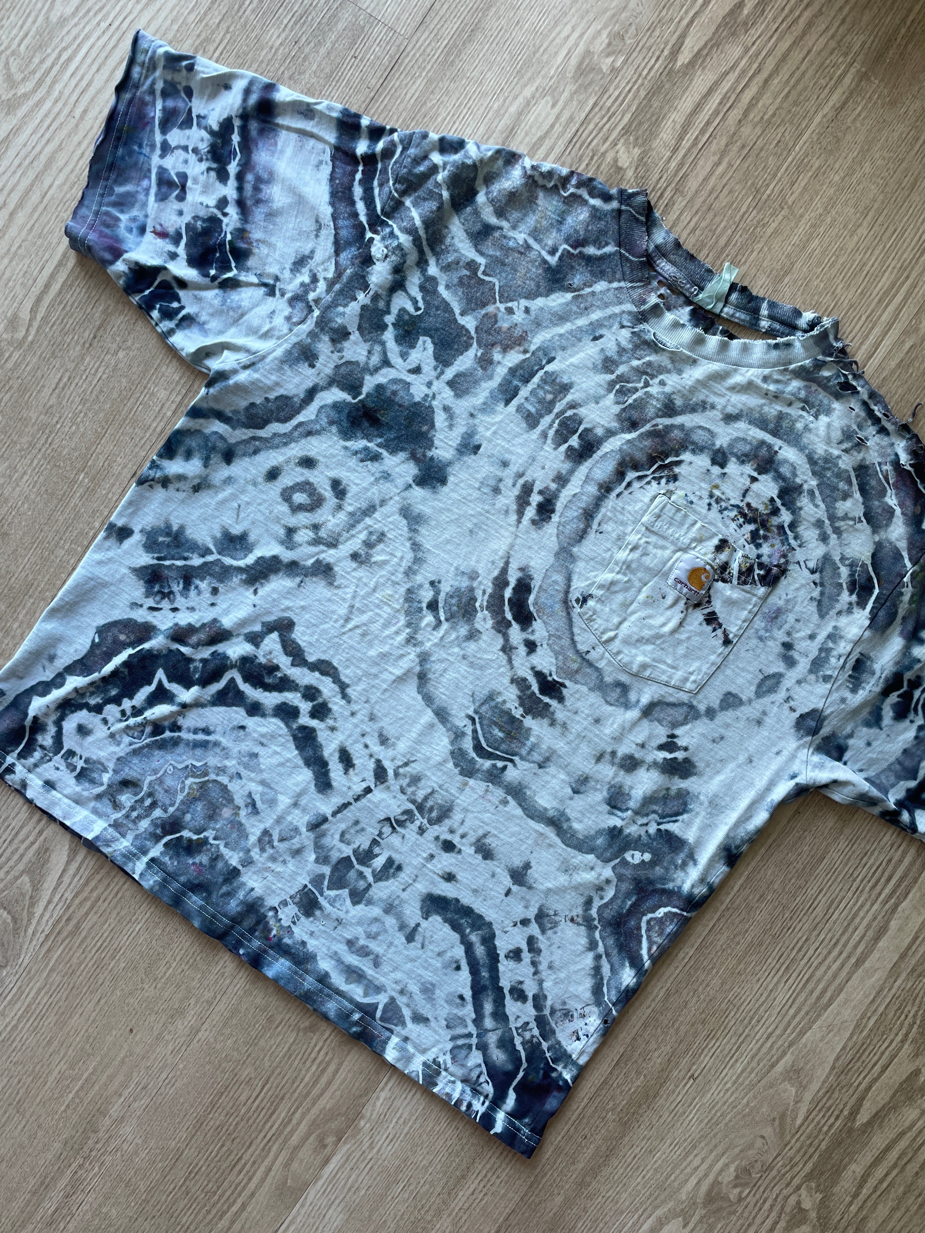 L/XL Men’s Vintage, Thrashed Carhartt Handmade Geode Tie Dye Short Sleeve T-Shirt | One-Of-a-Kind Upcycled Gray and Black Handmade Tie Dye Top