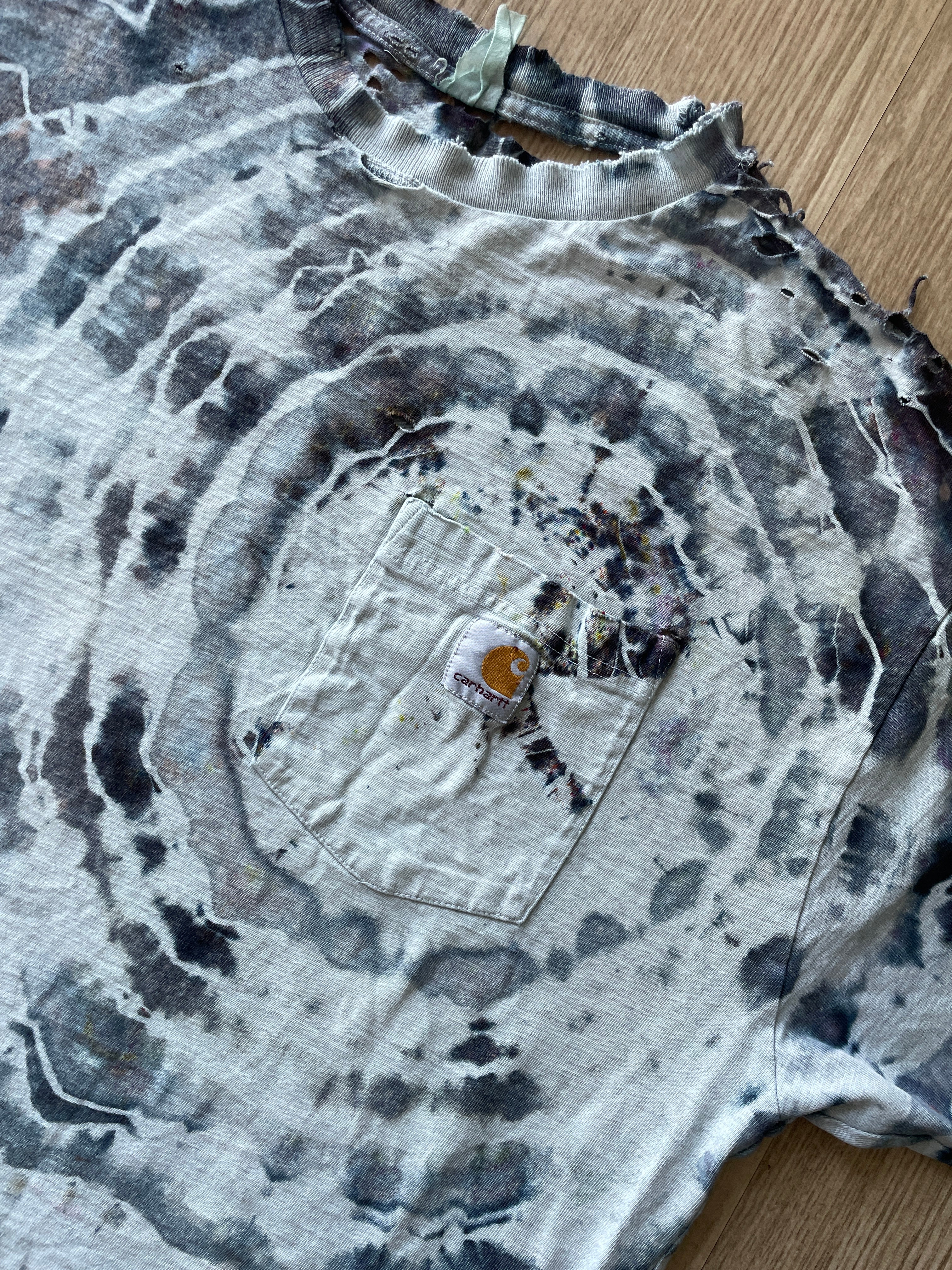 L/XL Men’s Vintage, Thrashed Carhartt Handmade Geode Tie Dye Short Sleeve T-Shirt | One-Of-a-Kind Upcycled Gray and Black Handmade Tie Dye Top