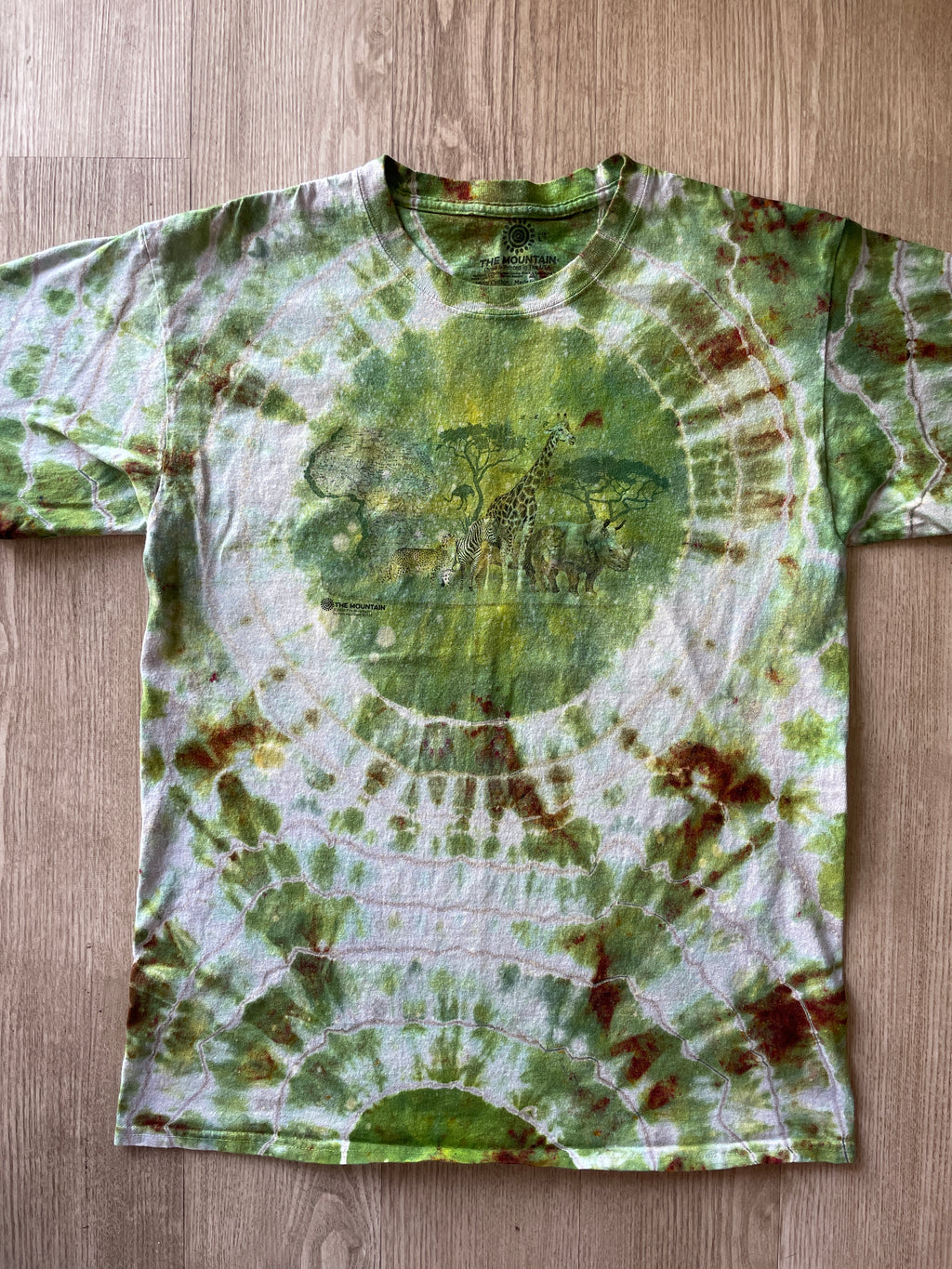LARGE Men’s African Safari Handmade Tie Dye Geode Short Sleeve T-Shirt | One-Of-a-Kind Upcycled Green and White Handmade Reverse Tie Dye Top