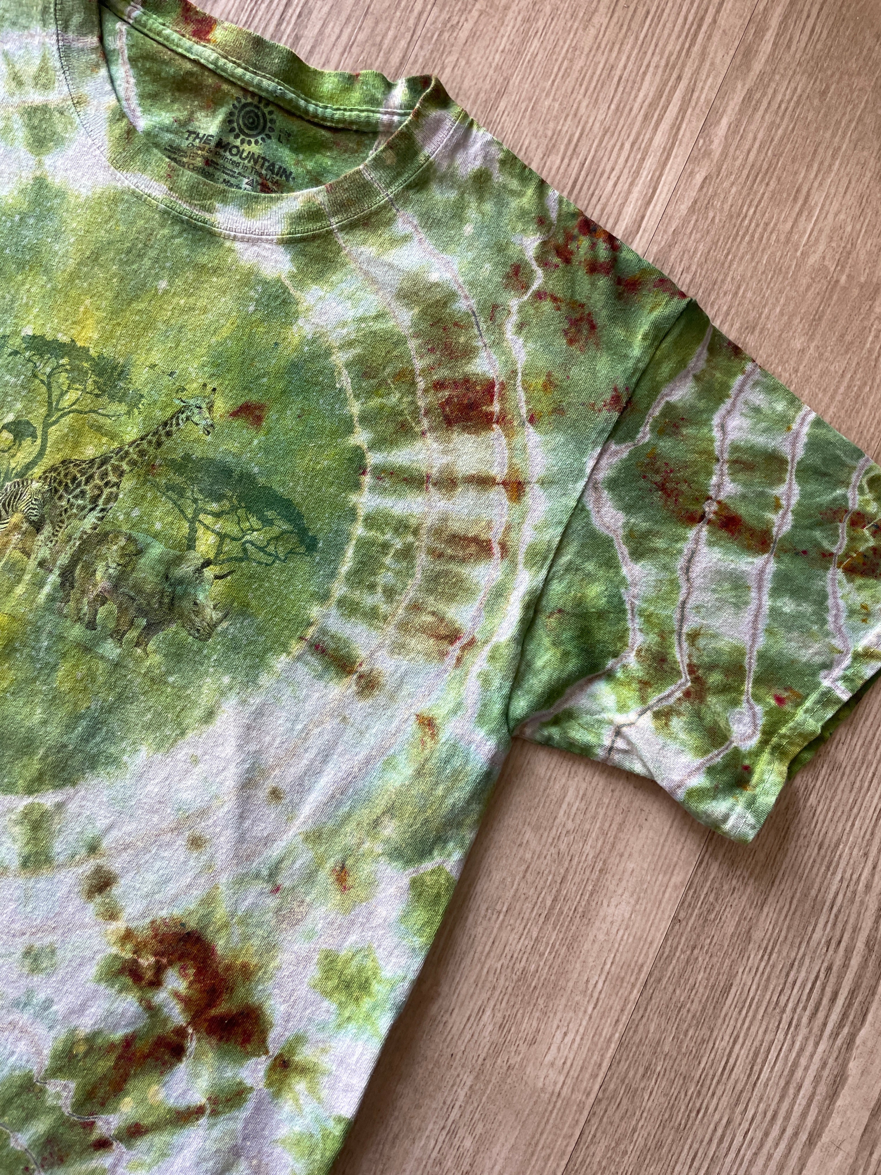 LARGE Men’s African Safari Handmade Tie Dye Geode Short Sleeve T-Shirt | One-Of-a-Kind Upcycled Green and White Handmade Reverse Tie Dye Top