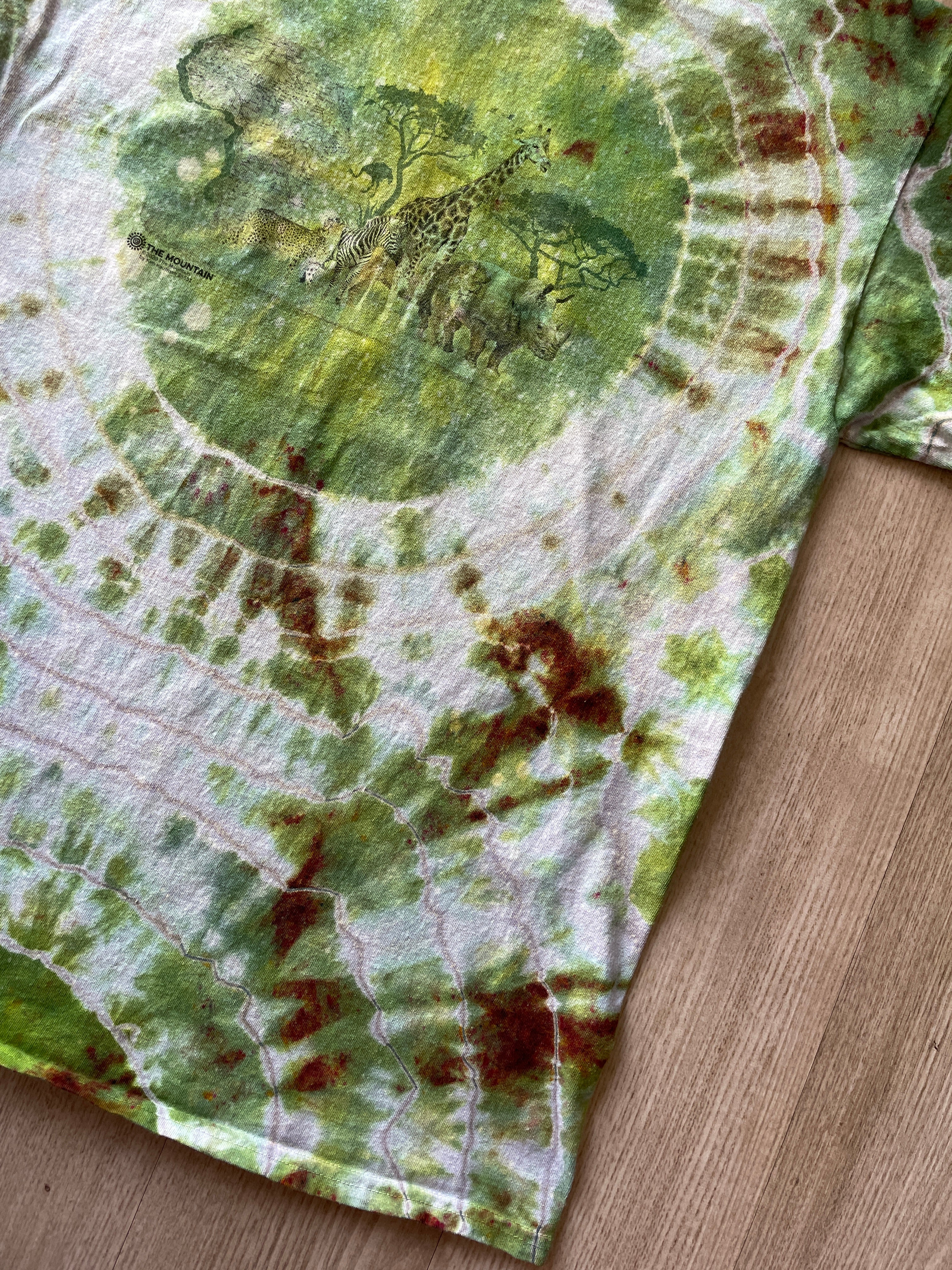 LARGE Men’s African Safari Handmade Tie Dye Geode Short Sleeve T-Shirt | One-Of-a-Kind Upcycled Green and White Handmade Reverse Tie Dye Top