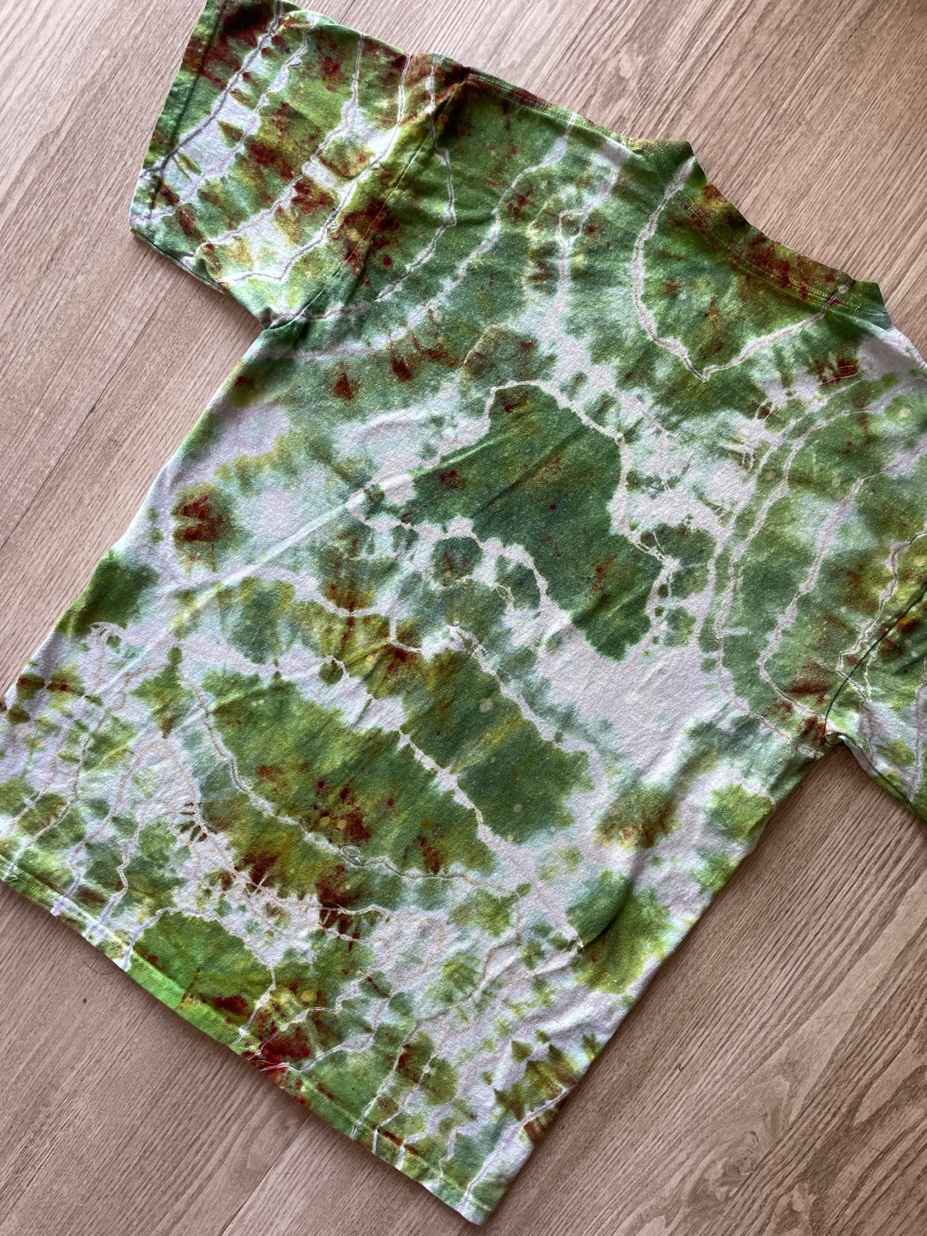 LARGE Men’s African Safari Handmade Tie Dye Geode Short Sleeve T-Shirt | One-Of-a-Kind Upcycled Green and White Handmade Reverse Tie Dye Top