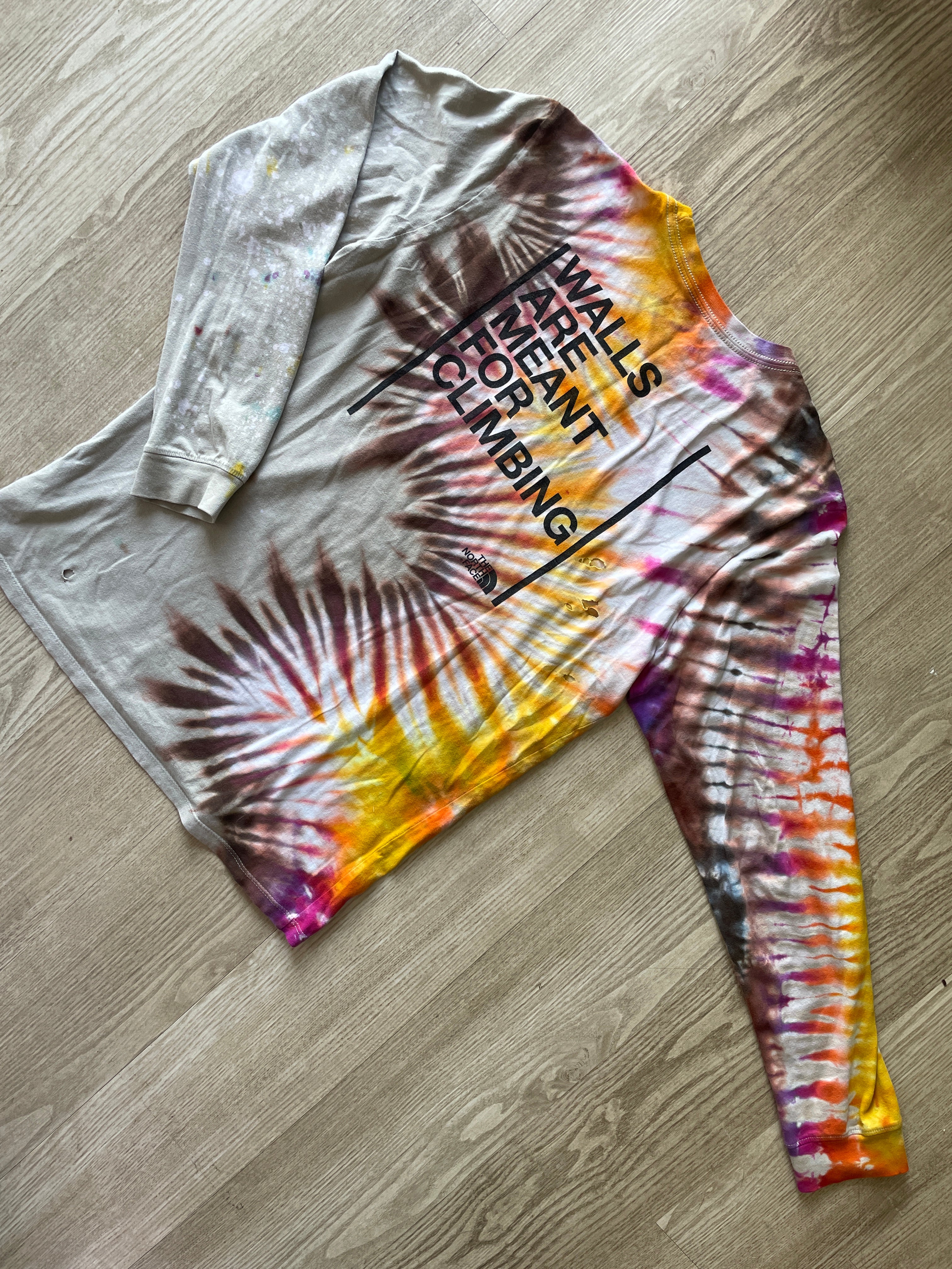 LARGE Men’s The North Face Walls Are Meant for Climbing Tie Dye Long Sleeve T-Shirt | One-Of-a-Kind Upcycled Warm Tones Handmade Reverse Tie Dye Top