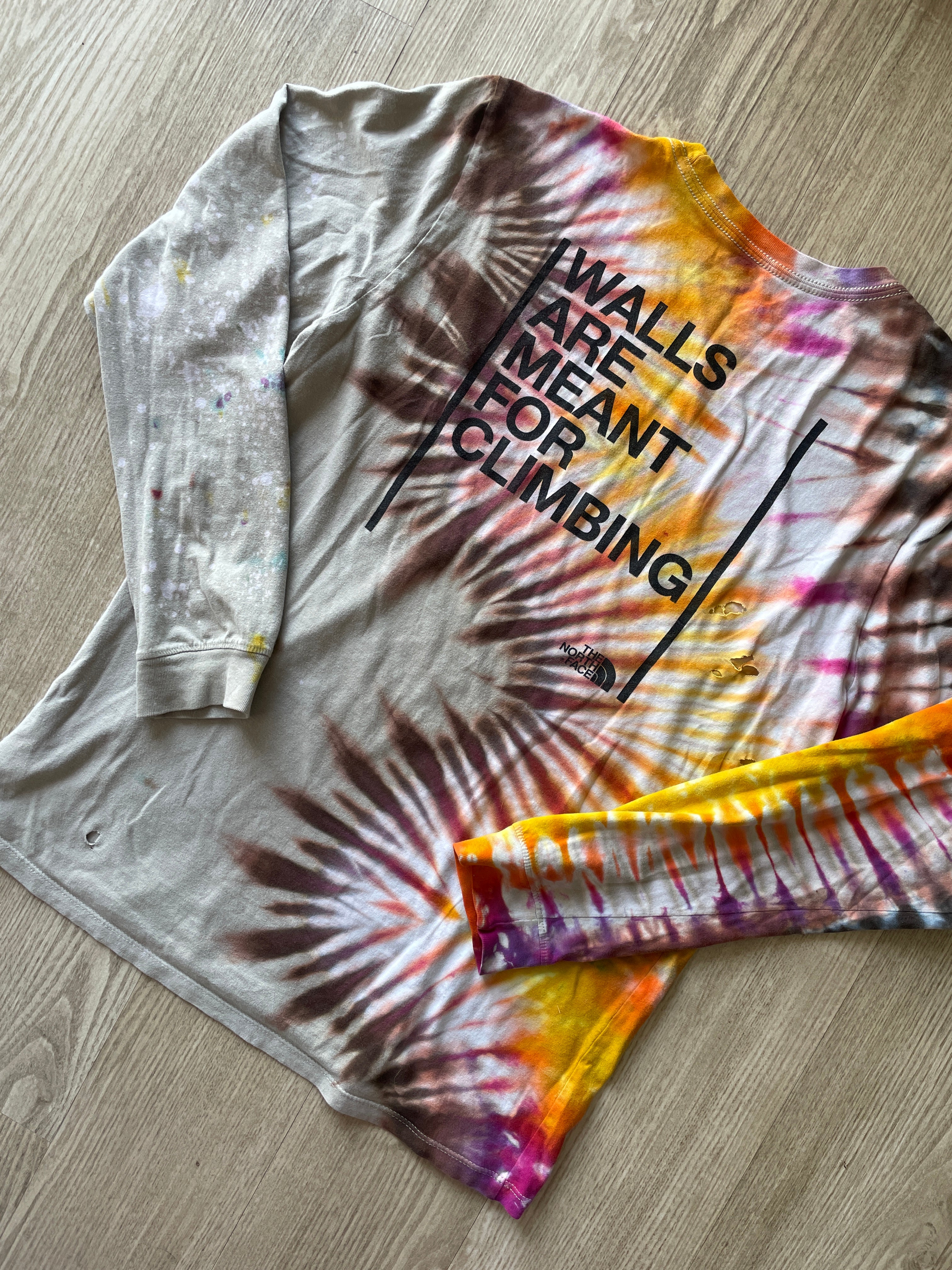 LARGE Men’s The North Face Walls Are Meant for Climbing Tie Dye Long Sleeve T-Shirt | One-Of-a-Kind Upcycled Warm Tones Handmade Reverse Tie Dye Top