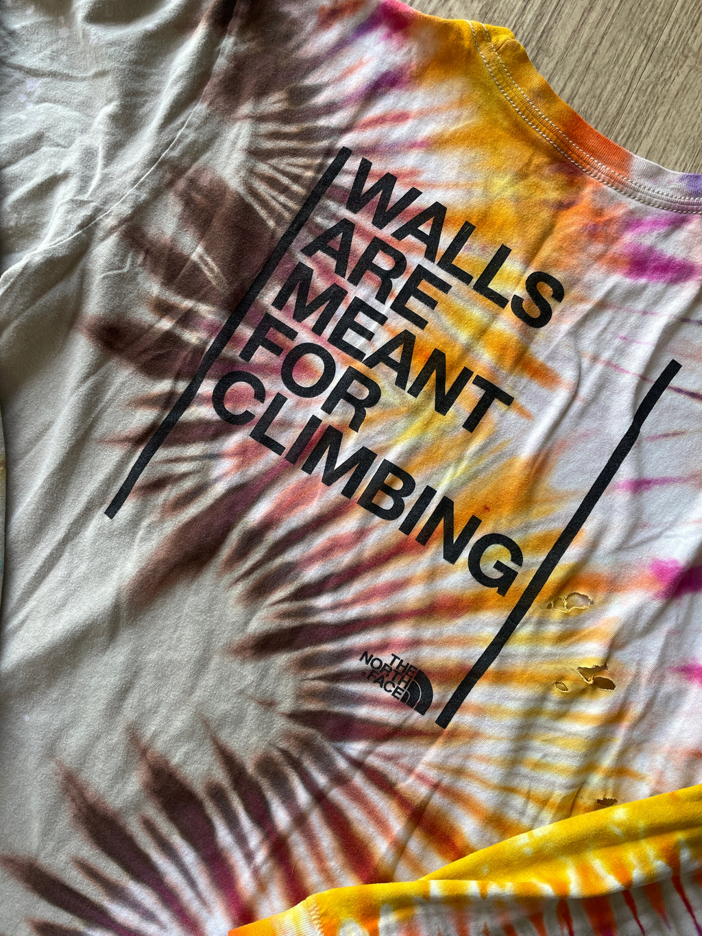 LARGE Men’s The North Face Walls Are Meant for Climbing Tie Dye Long Sleeve T-Shirt | One-Of-a-Kind Upcycled Warm Tones Handmade Reverse Tie Dye Top