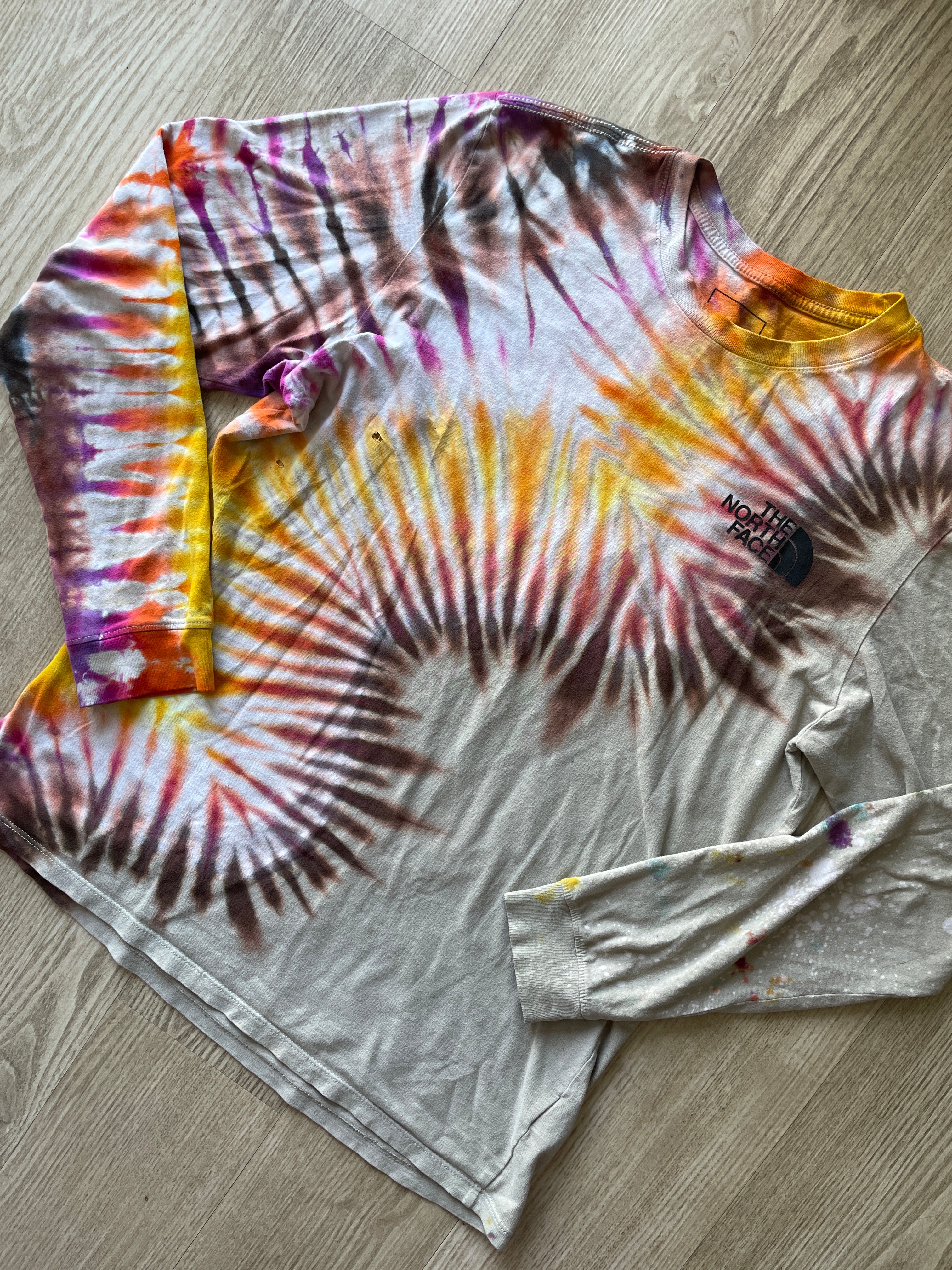 LARGE Men’s The North Face Walls Are Meant for Climbing Tie Dye Long Sleeve T-Shirt | One-Of-a-Kind Upcycled Warm Tones Handmade Reverse Tie Dye Top