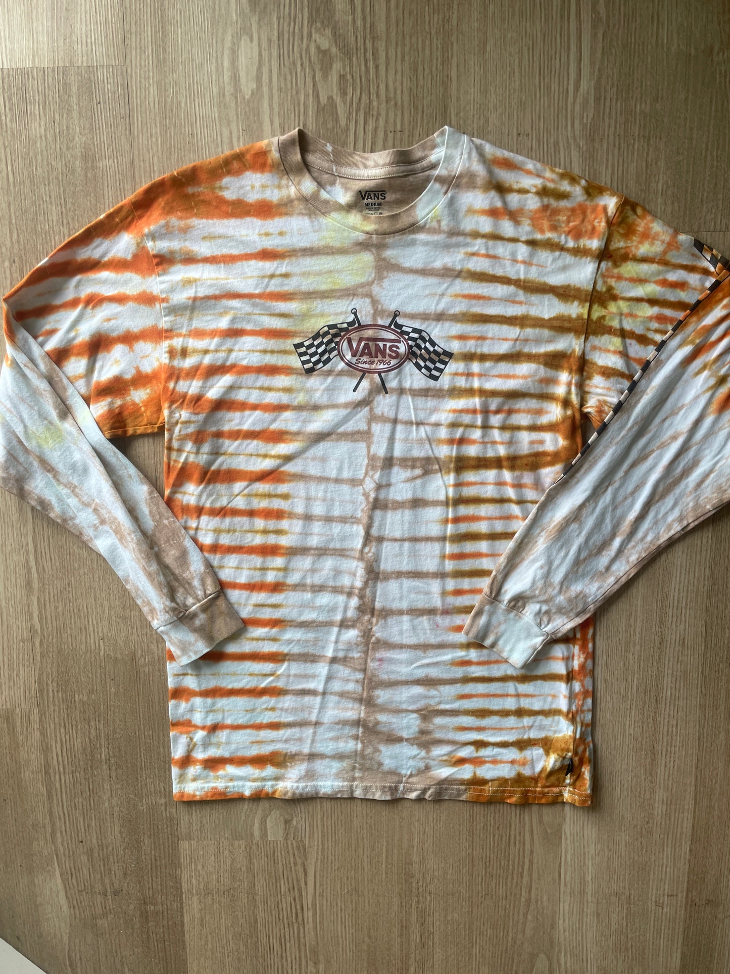 MEDIUM Men’s Vans Checkerboard Handmade Tie Dye T-Shirt | One-Of-a-Kind Orange and Brown Earth Tones Long Sleeve