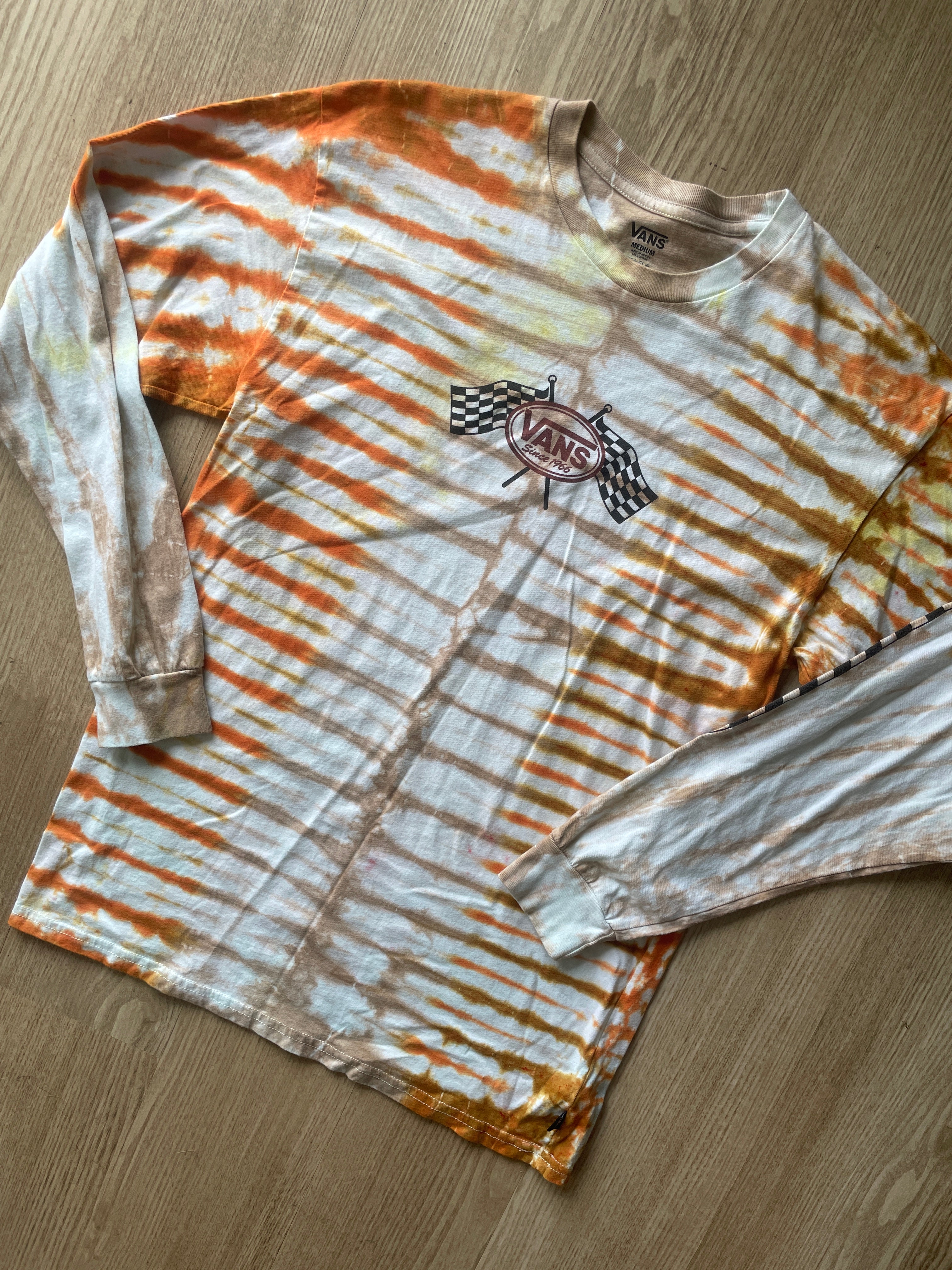 MEDIUM Men’s Vans Checkerboard Handmade Tie Dye T-Shirt | One-Of-a-Kind Orange and Brown Earth Tones Long Sleeve