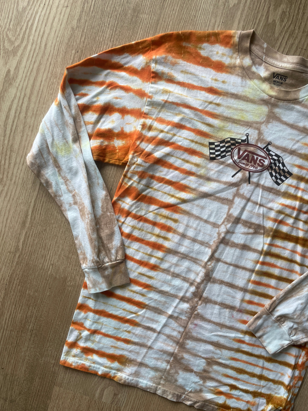 MEDIUM Men’s Vans Checkerboard Handmade Tie Dye T-Shirt | One-Of-a-Kind Orange and Brown Earth Tones Long Sleeve
