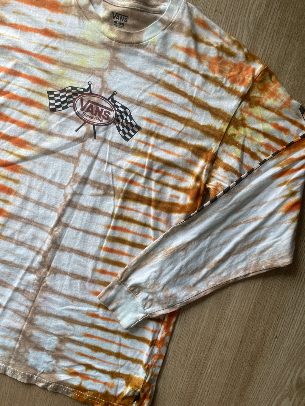 MEDIUM Men’s Vans Checkerboard Handmade Tie Dye T-Shirt | One-Of-a-Kind Orange and Brown Earth Tones Long Sleeve