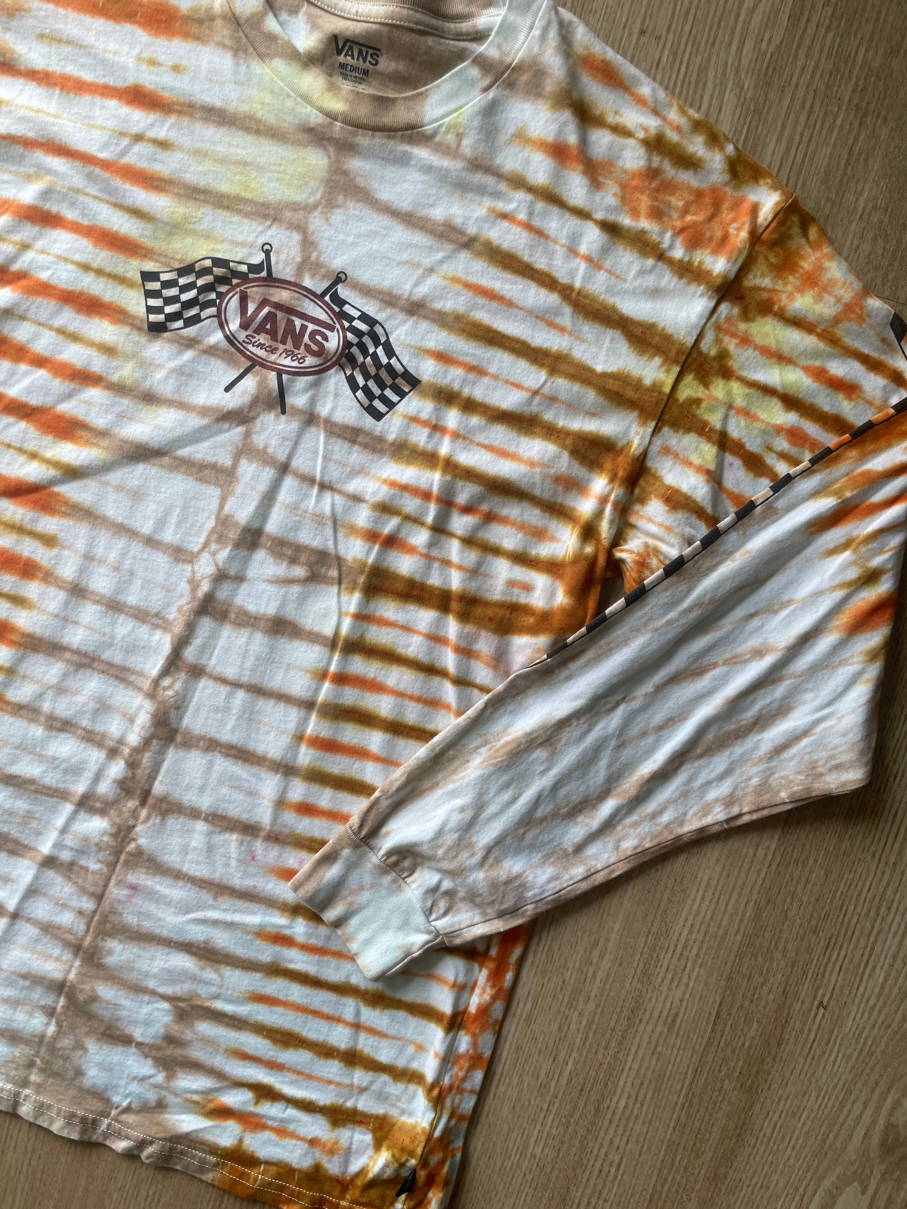 MEDIUM Men’s Vans Checkerboard Handmade Tie Dye T-Shirt | One-Of-a-Kind Orange and Brown Earth Tones Long Sleeve