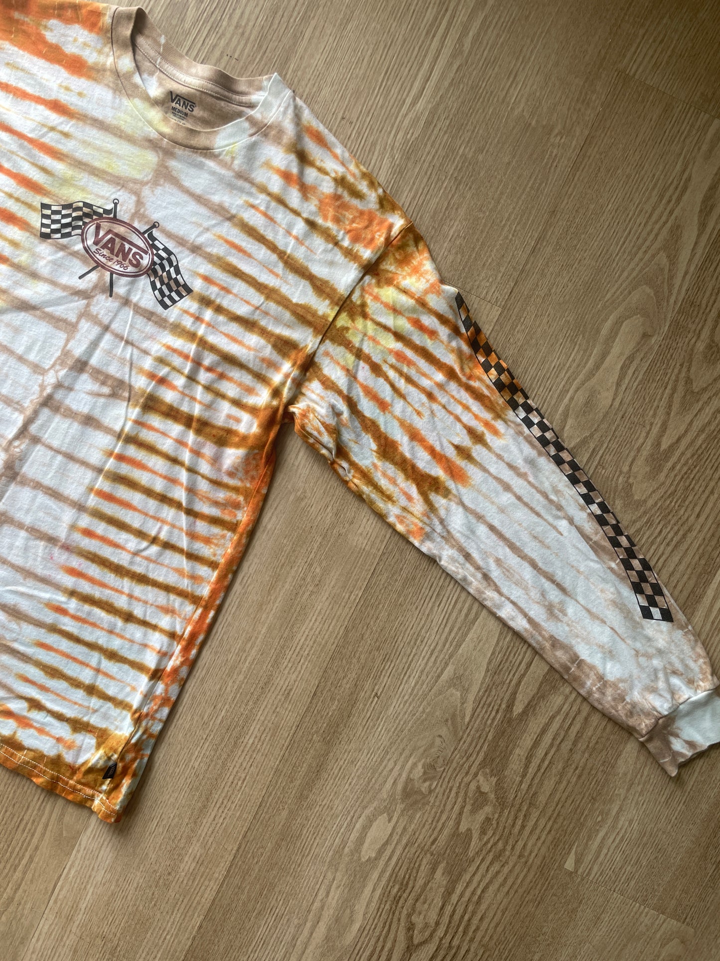 MEDIUM Men’s Vans Checkerboard Handmade Tie Dye T-Shirt | One-Of-a-Kind Orange and Brown Earth Tones Long Sleeve