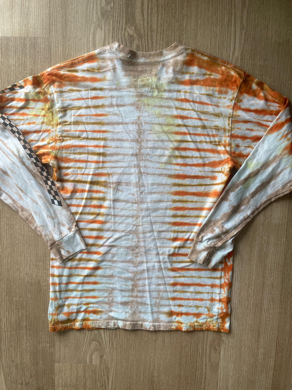 MEDIUM Men’s Vans Checkerboard Handmade Tie Dye T-Shirt | One-Of-a-Kind Orange and Brown Earth Tones Long Sleeve