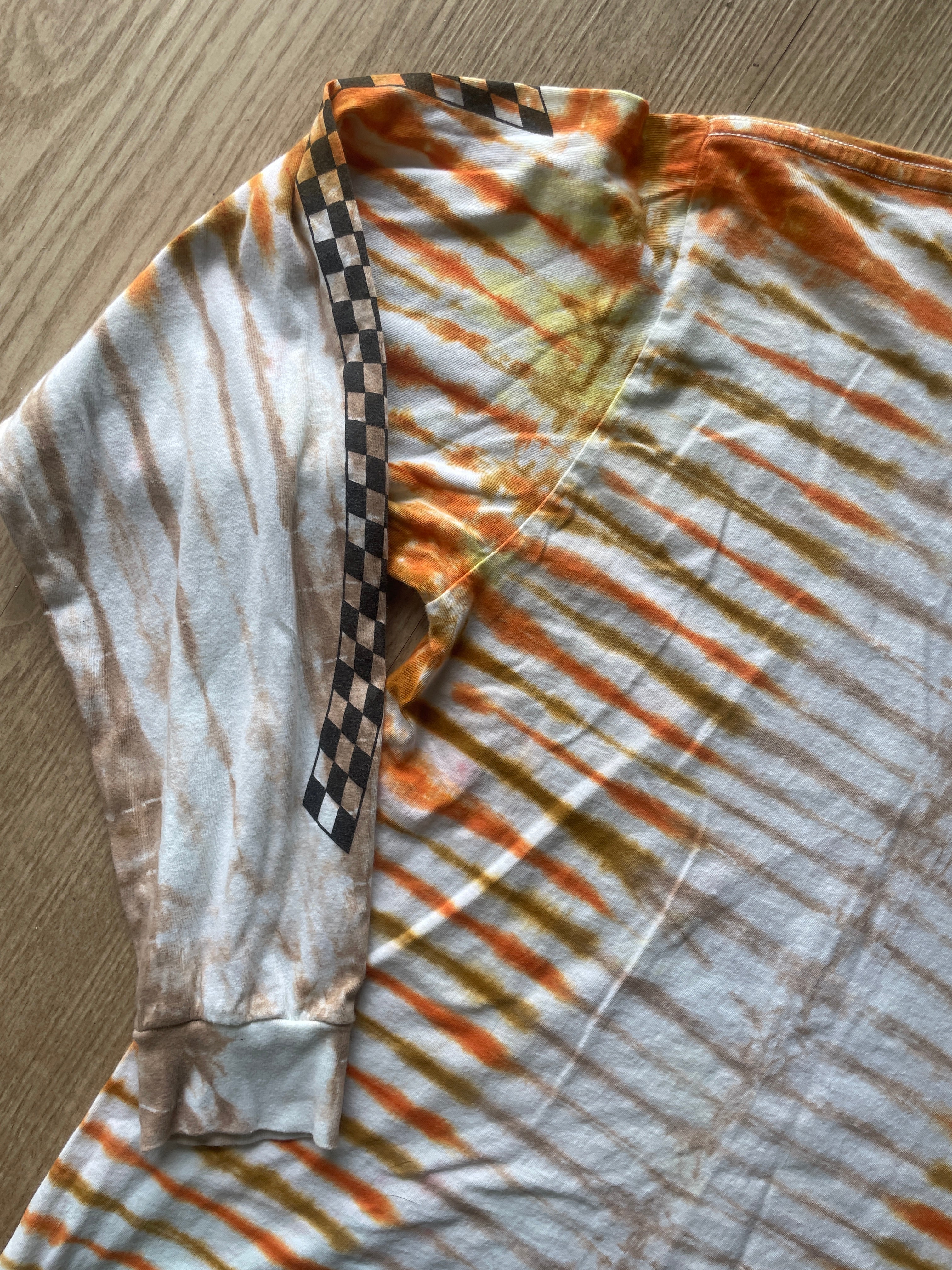MEDIUM Men’s Vans Checkerboard Handmade Tie Dye T-Shirt | One-Of-a-Kind Orange and Brown Earth Tones Long Sleeve