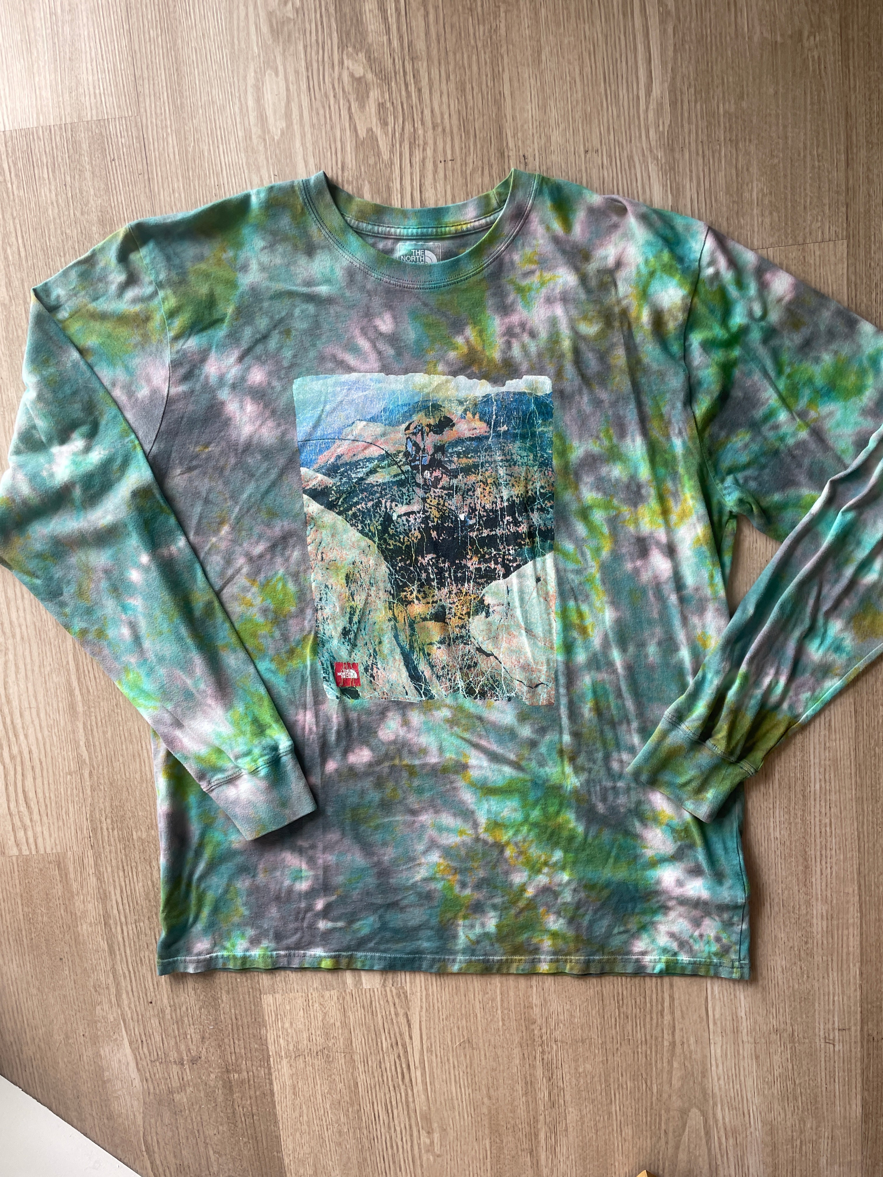 XL Men’s The North Face Desert Landscape Handmade Tie Dye T-Shirt | One-Of-a-Kind Shades of Green Earth Tones Long Sleeve