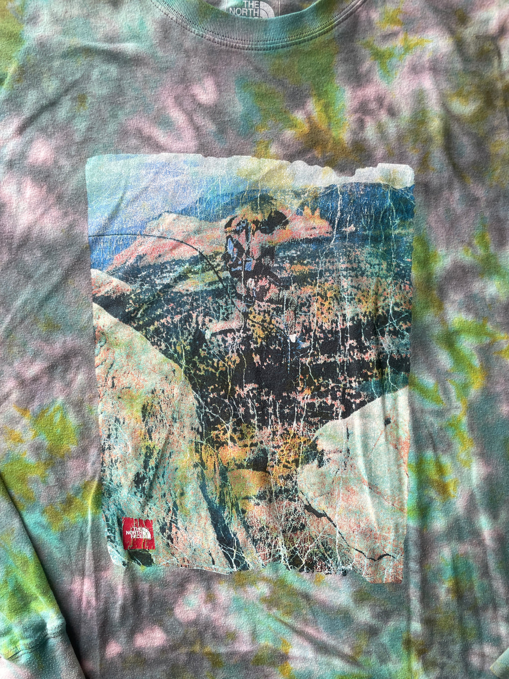 XL Men’s The North Face Desert Landscape Handmade Tie Dye T-Shirt | One-Of-a-Kind Shades of Green Earth Tones Long Sleeve