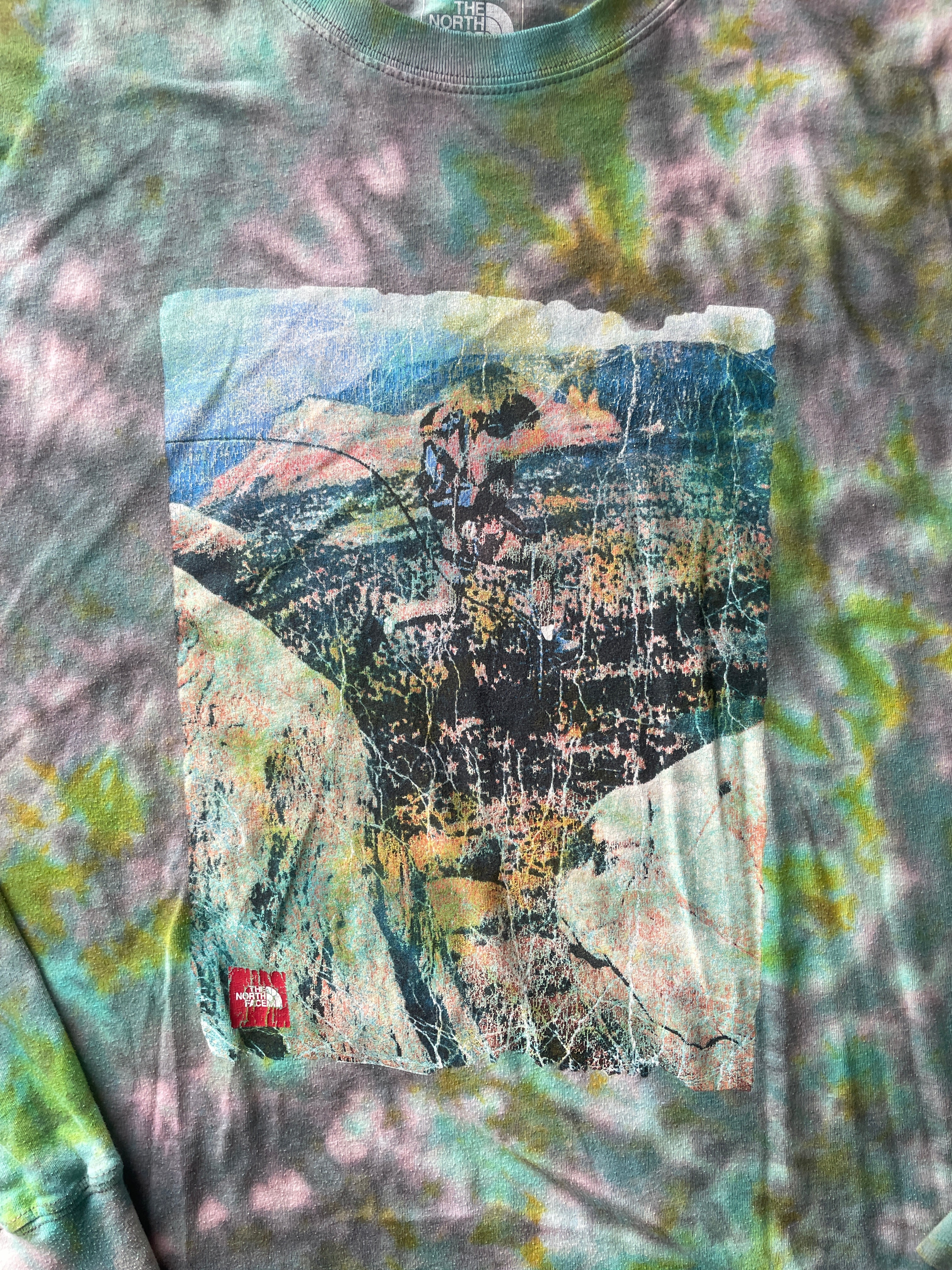 XL Men’s The North Face Desert Landscape Handmade Tie Dye T-Shirt | One-Of-a-Kind Shades of Green Earth Tones Long Sleeve