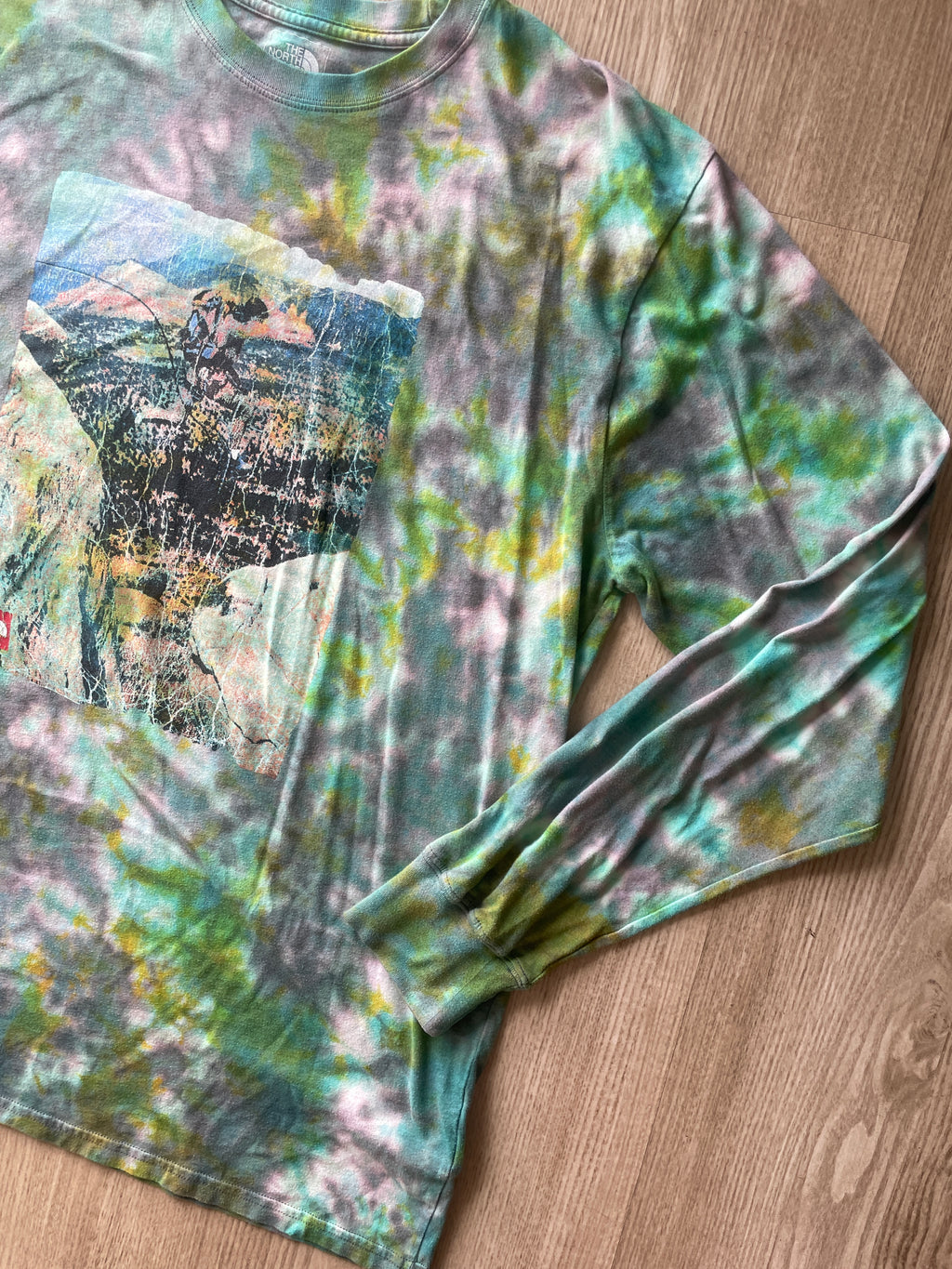 XL Men’s The North Face Desert Landscape Handmade Tie Dye T-Shirt | One-Of-a-Kind Shades of Green Earth Tones Long Sleeve