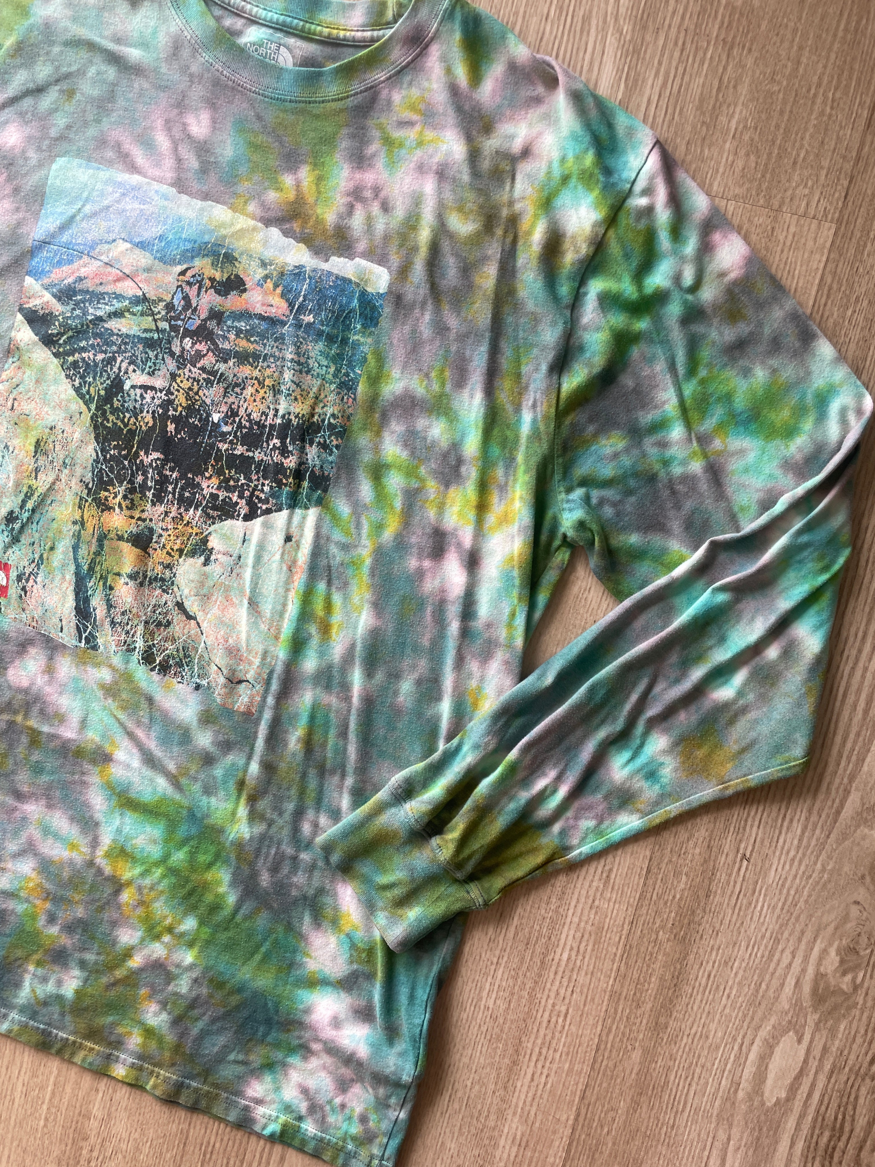 XL Men’s The North Face Desert Landscape Handmade Tie Dye T-Shirt | One-Of-a-Kind Shades of Green Earth Tones Long Sleeve