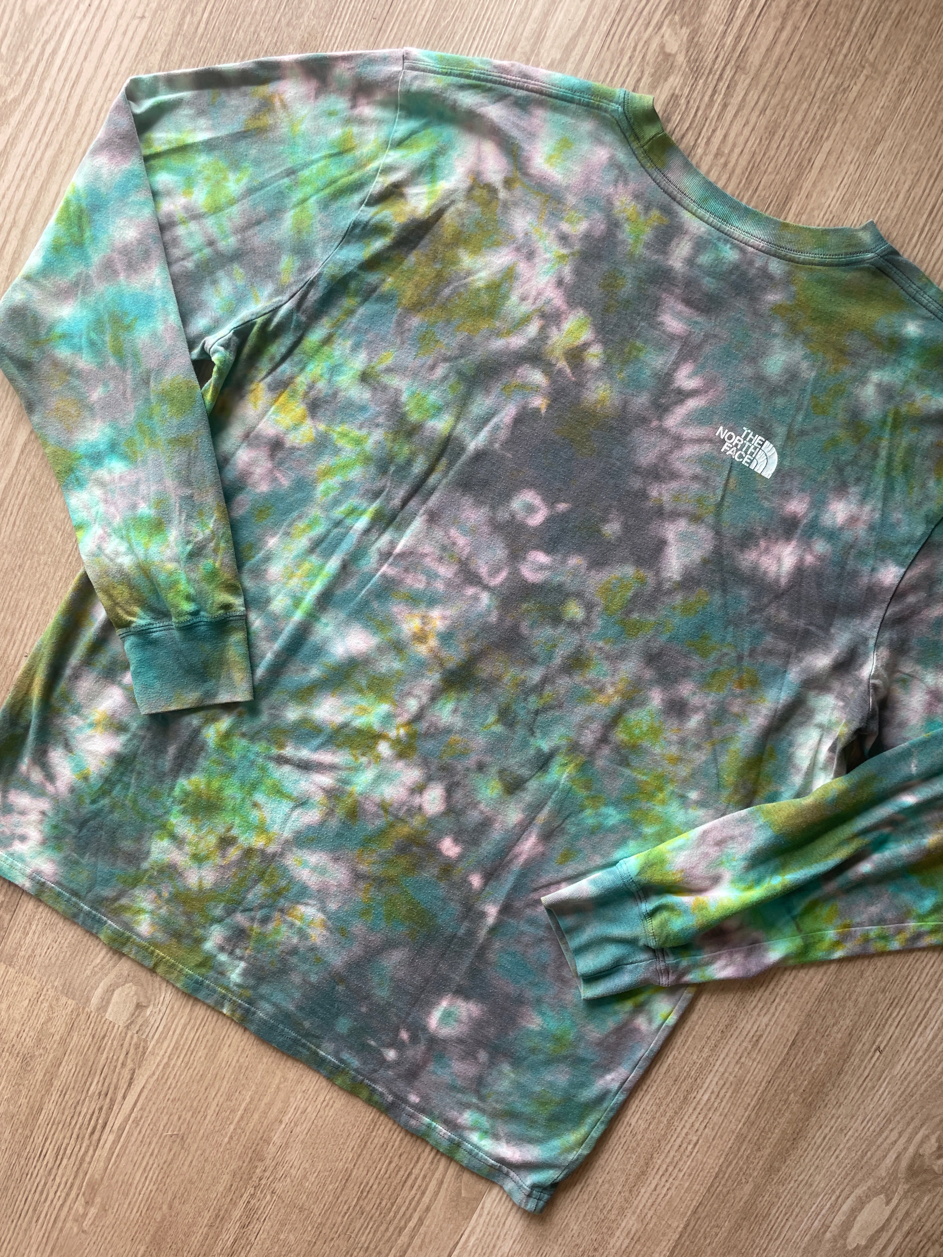 XL Men’s The North Face Desert Landscape Handmade Tie Dye T-Shirt | One-Of-a-Kind Shades of Green Earth Tones Long Sleeve