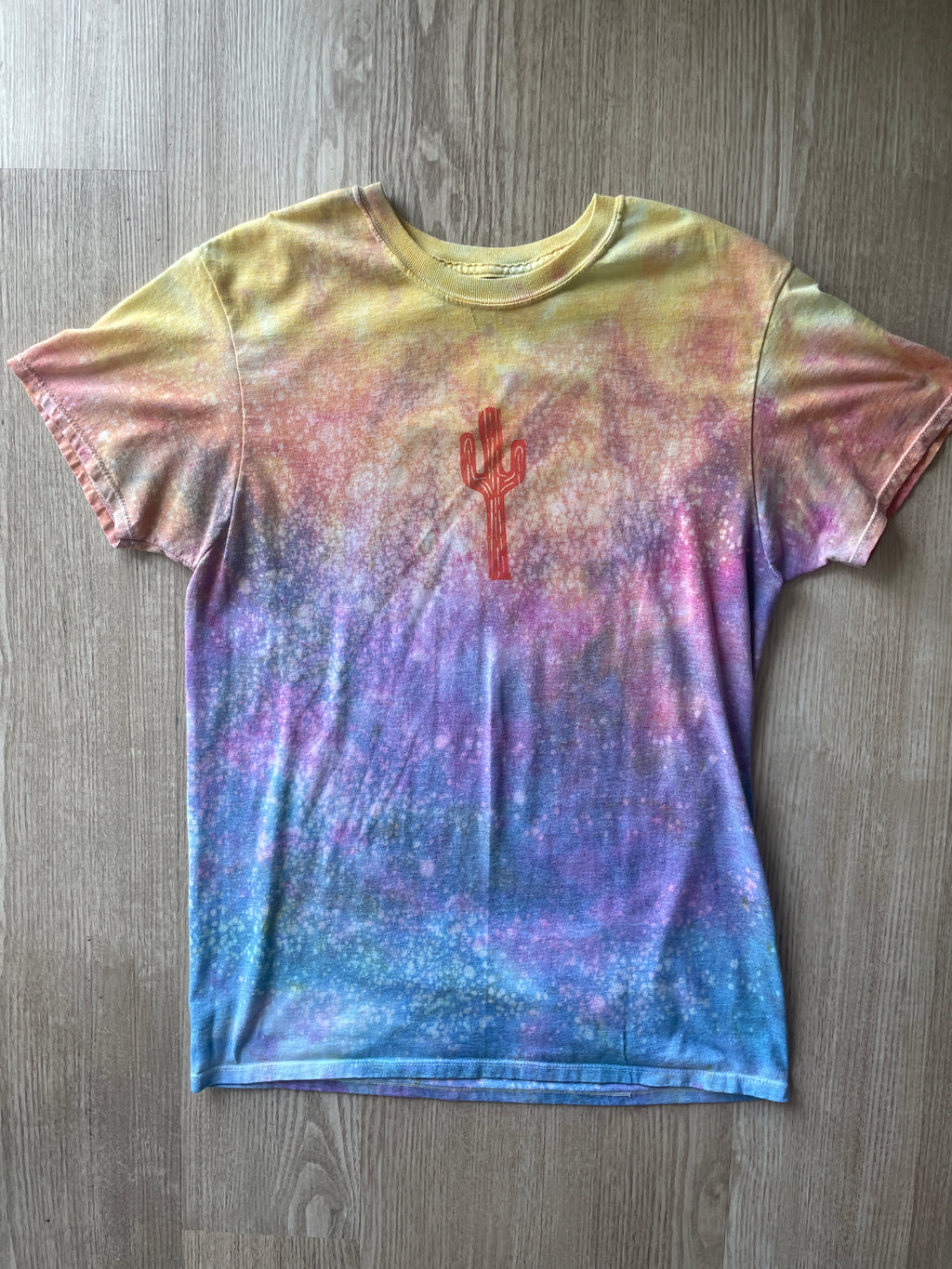 MEDIUM Men's Saguaro Cactus Sunrise Galaxy Tie Dye T-Shirt | One-Of-a-Kind Pastel Blue, Pink, and Yellow Crumpled Short Sleeve