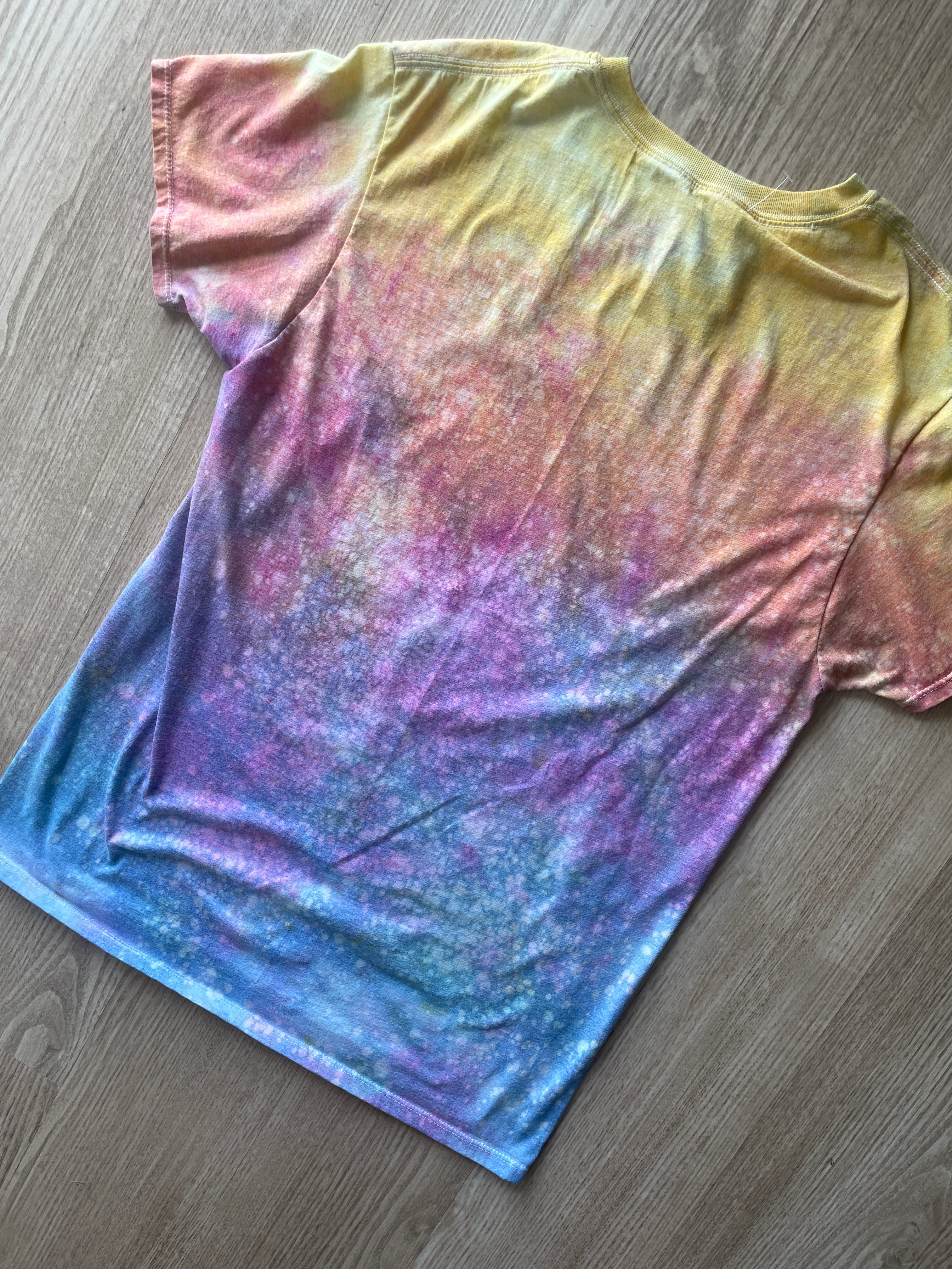 MEDIUM Men's Saguaro Cactus Sunrise Galaxy Tie Dye T-Shirt | One-Of-a-Kind Pastel Blue, Pink, and Yellow Crumpled Short Sleeve