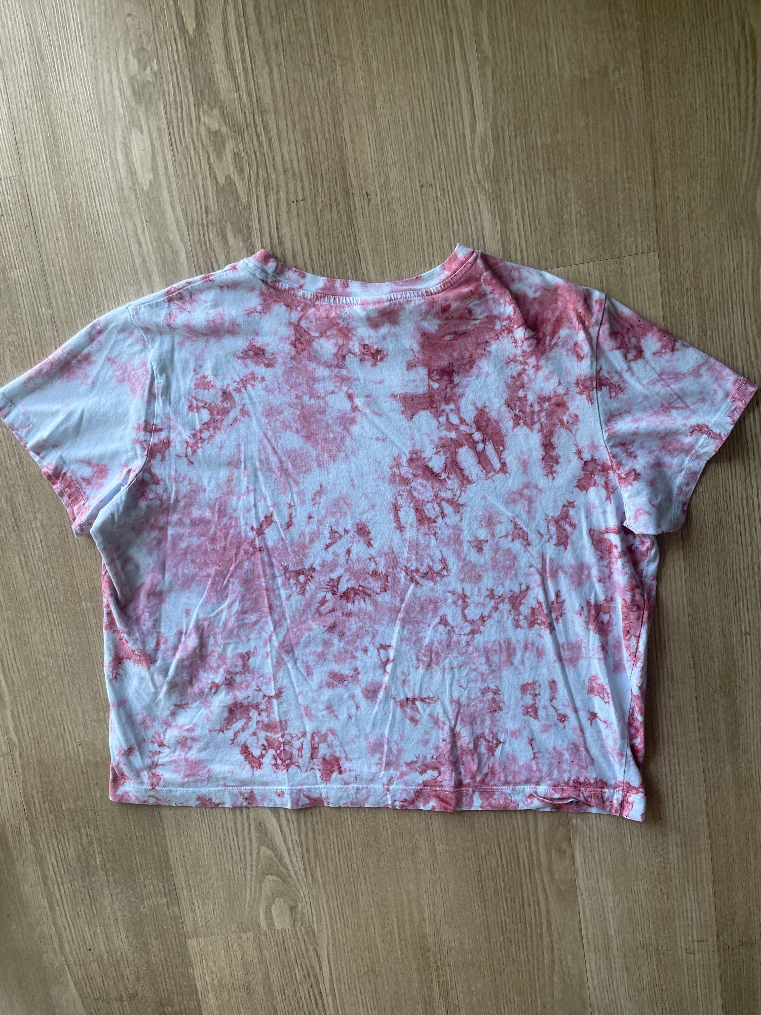 XL Women’s Prickly Pear Cactus Tie Dye T-Shirt | One-Of-a-Kind Pastel Pink and White Crumpled Short Sleeve