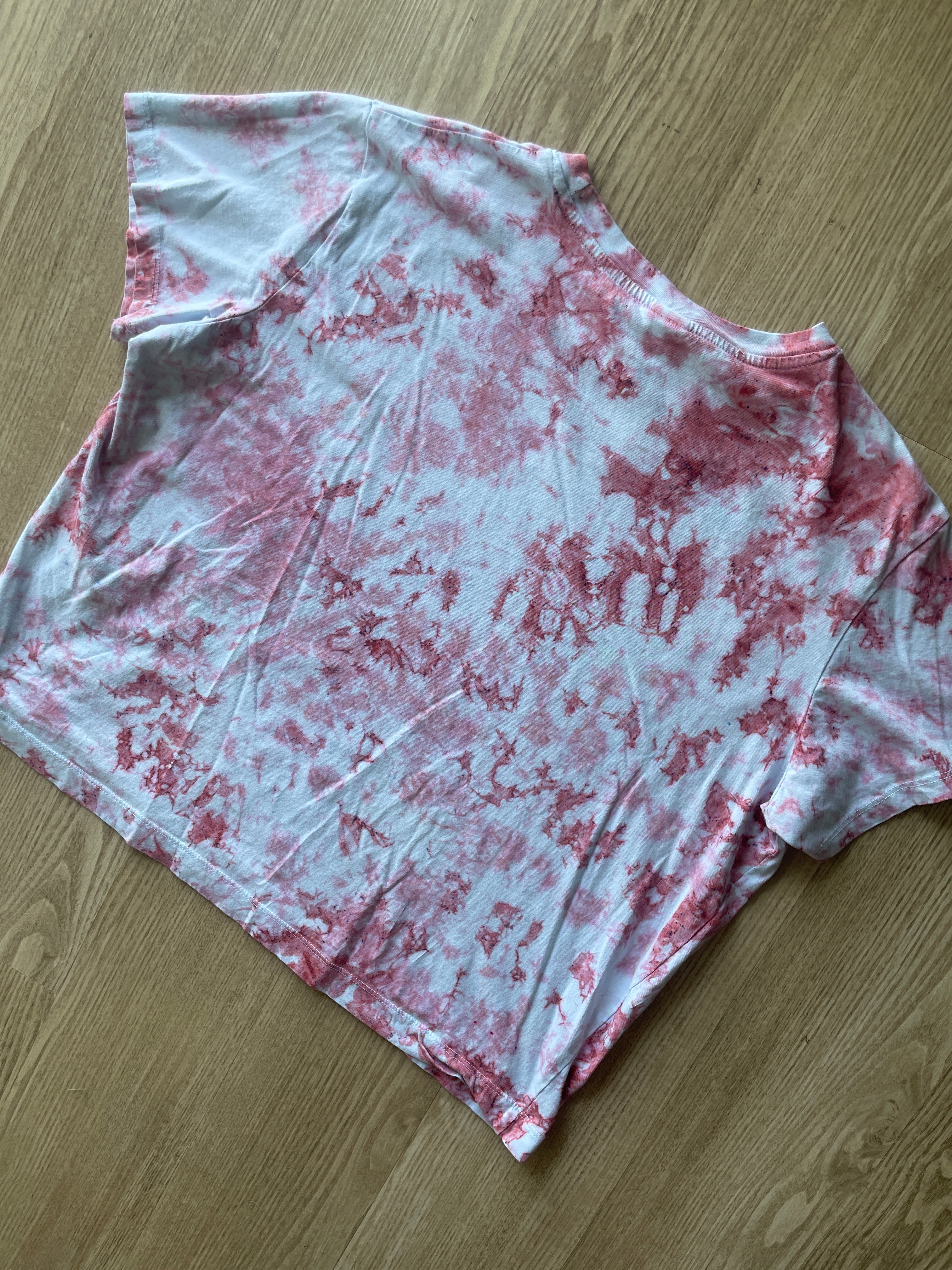 XL Women’s Prickly Pear Cactus Tie Dye T-Shirt | One-Of-a-Kind Pastel Pink and White Crumpled Short Sleeve