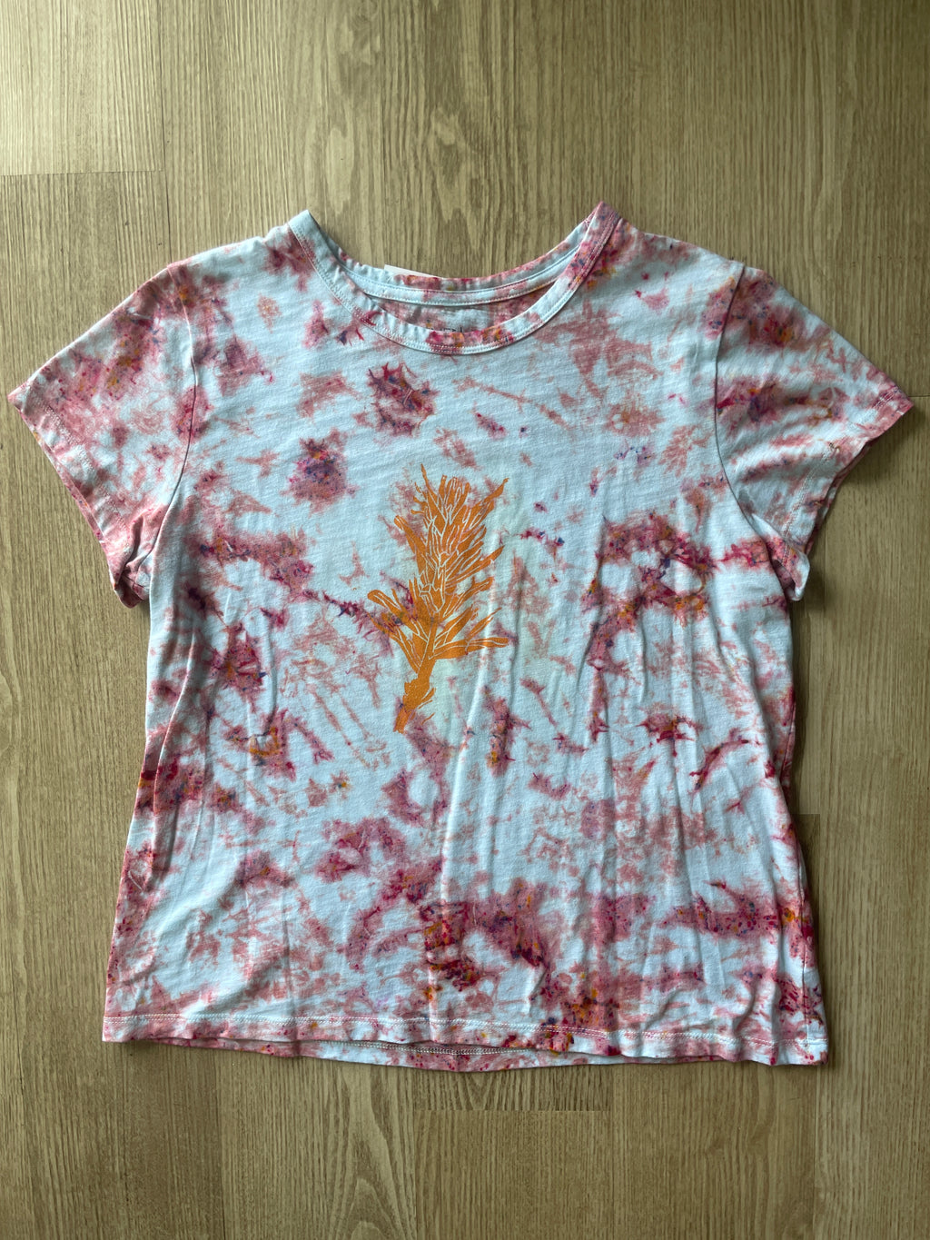 LARGE Women's Indian Paintbrush Tie Dye T-Shirt | One-Of-a-Kind Pastel Pink and White Crumpled Short Sleeve