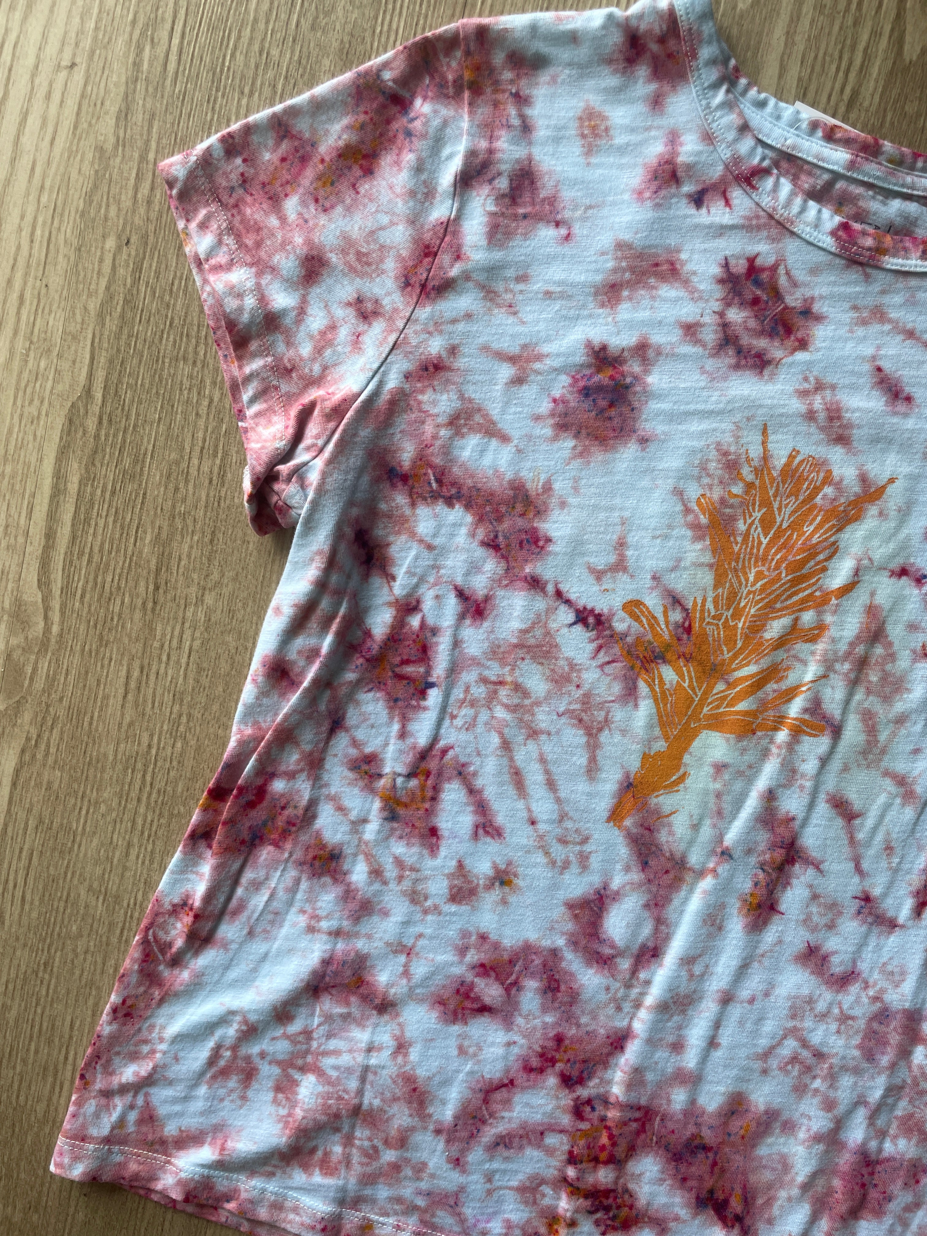 LARGE Women's Indian Paintbrush Tie Dye T-Shirt | One-Of-a-Kind Pastel Pink and White Crumpled Short Sleeve