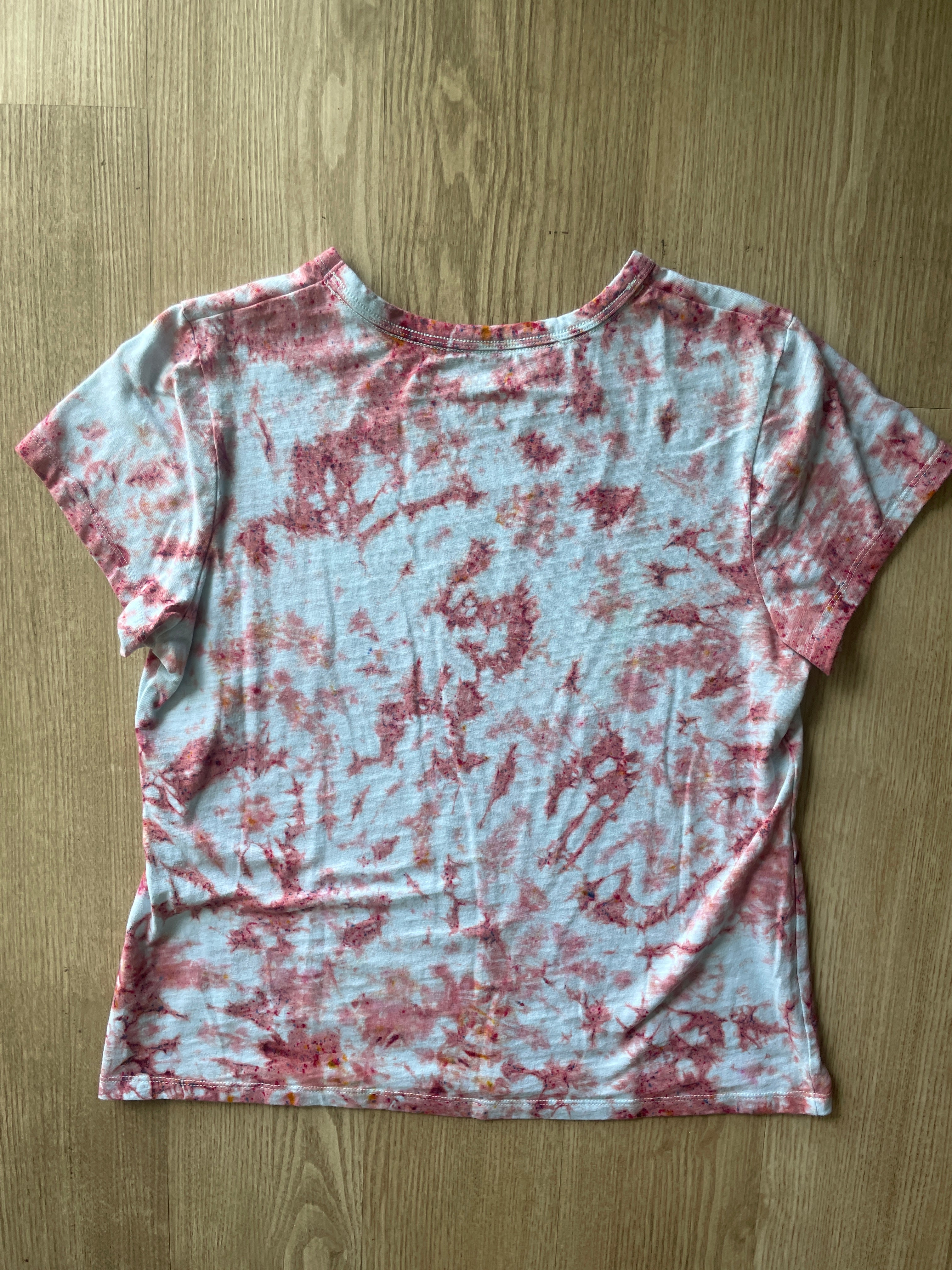 LARGE Women's Indian Paintbrush Tie Dye T-Shirt | One-Of-a-Kind Pastel Pink and White Crumpled Short Sleeve