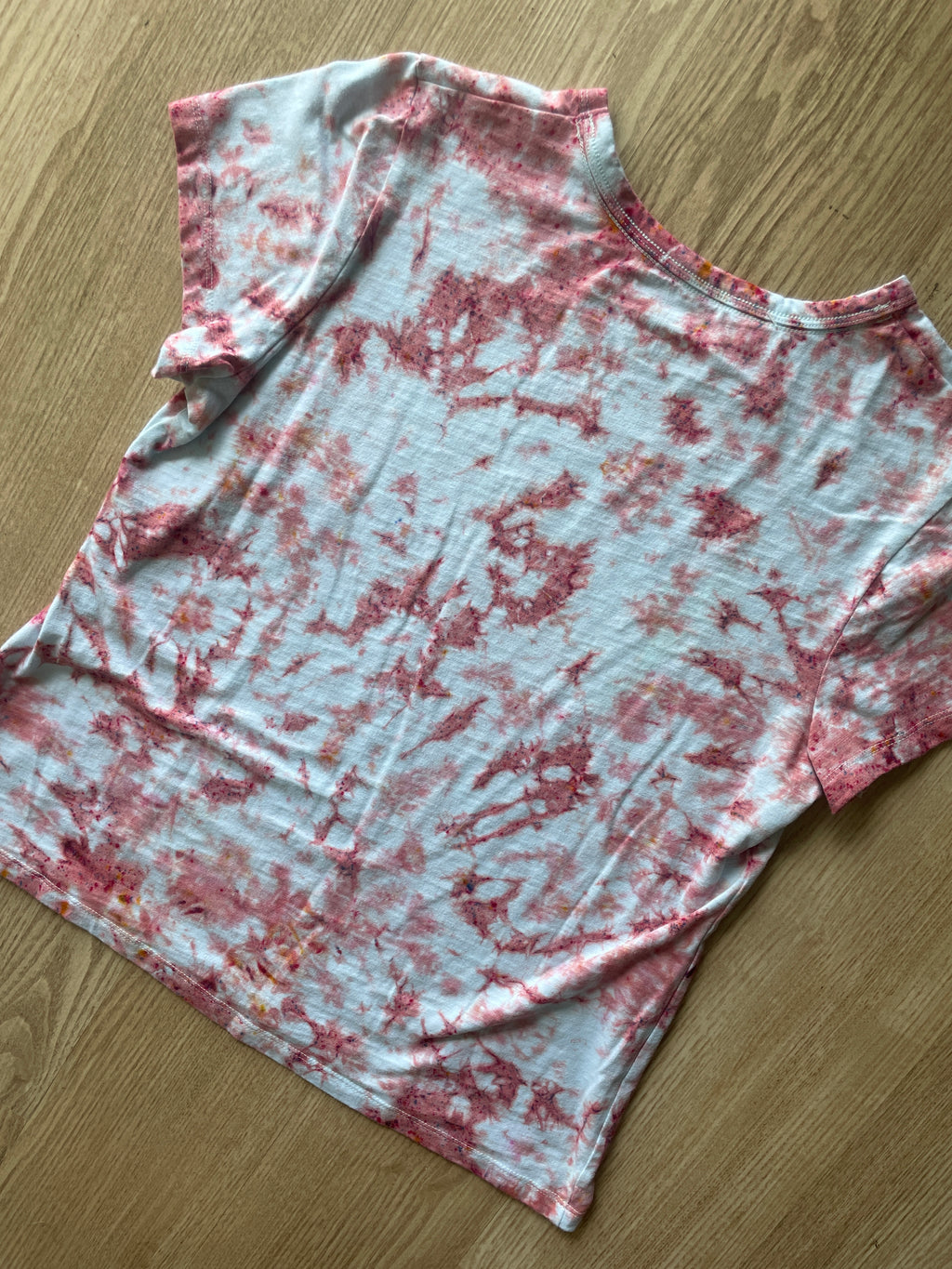 LARGE Women's Indian Paintbrush Tie Dye T-Shirt | One-Of-a-Kind Pastel Pink and White Crumpled Short Sleeve