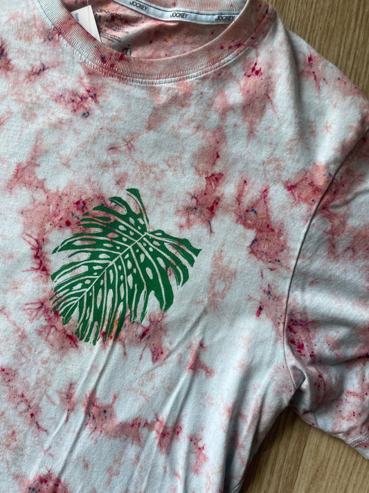 MEDIUM Men’s Monstera Leaf Tie Dye T-Shirt | One-Of-a-Kind Pastel Pink and White Crumpled Short Sleeve