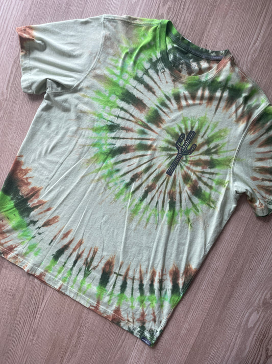XL Tall Men’s Eddie Bauer Saguaro Cactus Earth Tones Handmade Tie Dye T-Shirt | One-Of-a-Kind Pastel Yellow and Green Short Sleeve