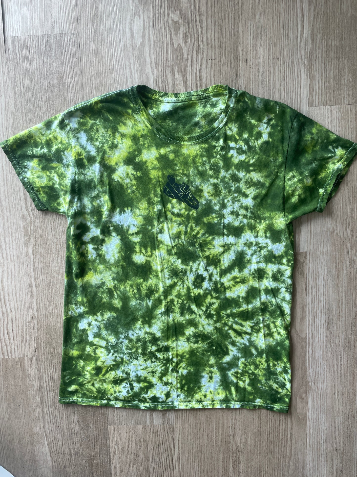 Large Men’s Climbing Shoe Tie Dye T-Shirt | One-Of-a-Kind Green and White Crumpled Short Sleeve