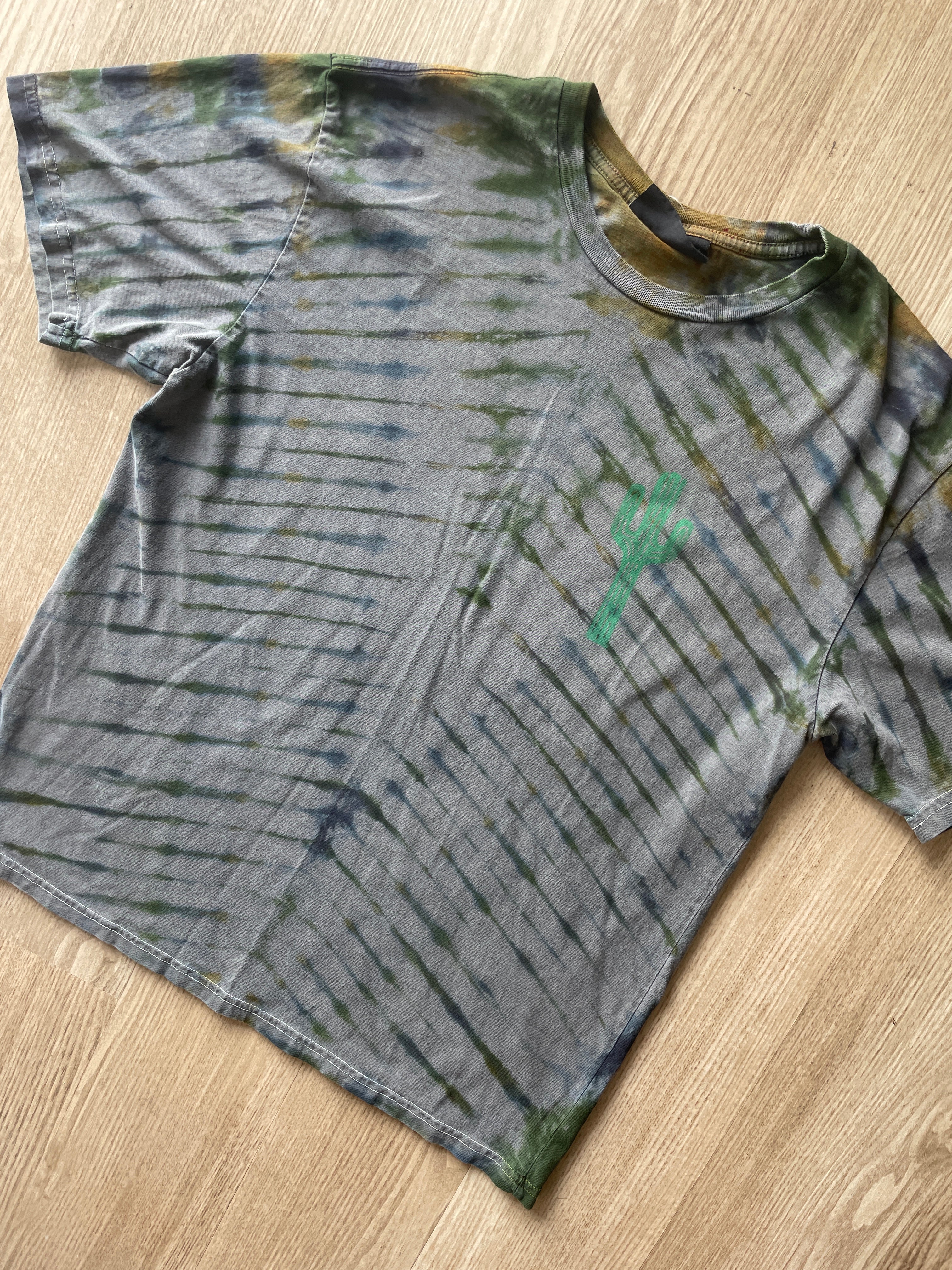 SMALL Men’s Earth Tones Handmade Tie Dye T-Shirt | One-Of-a-Kind Gray, Green, and Blue Pleated Short Sleeve