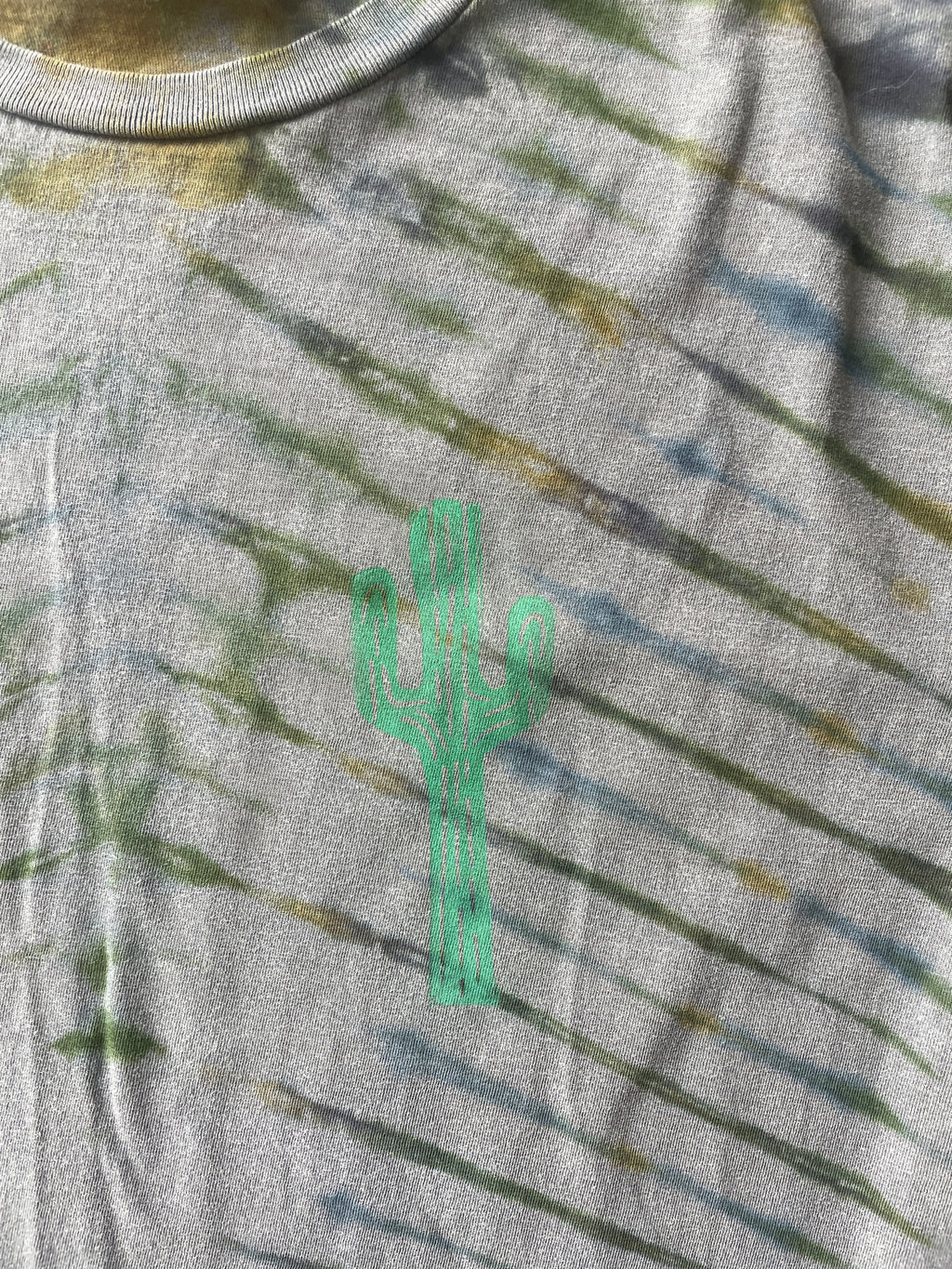 SMALL Men’s Earth Tones Handmade Tie Dye T-Shirt | One-Of-a-Kind Gray, Green, and Blue Pleated Short Sleeve
