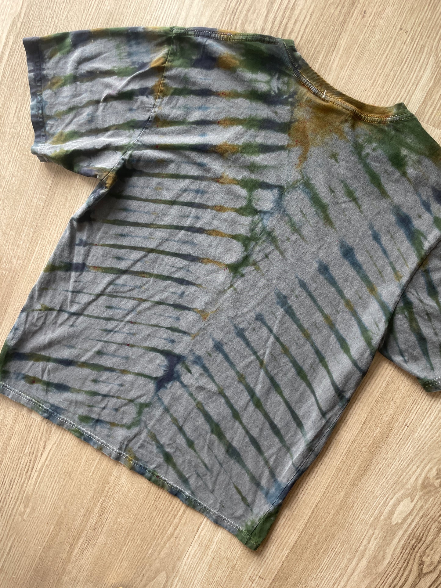 SMALL Men’s Earth Tones Handmade Tie Dye T-Shirt | One-Of-a-Kind Gray, Green, and Blue Pleated Short Sleeve