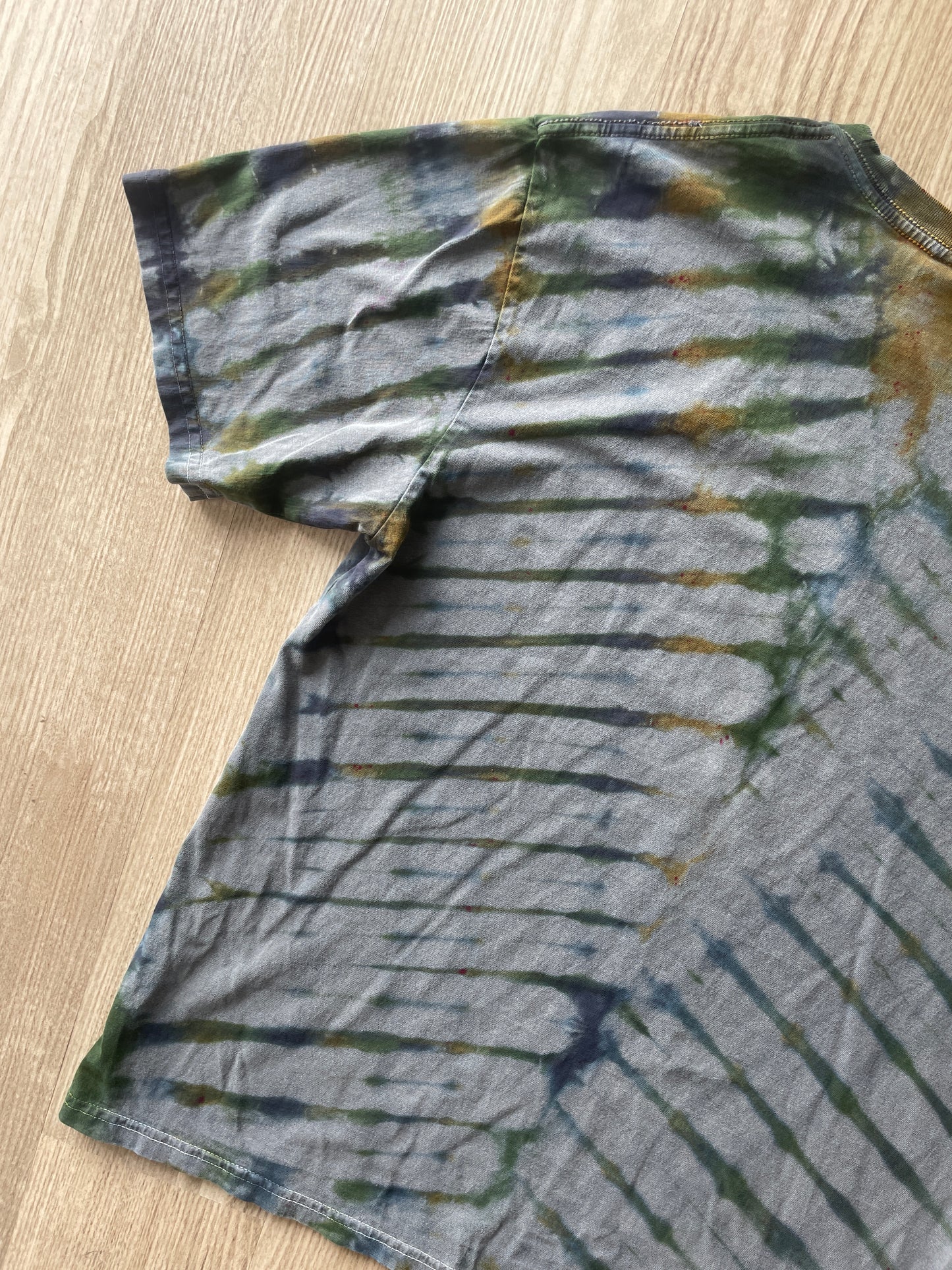 SMALL Men’s Earth Tones Handmade Tie Dye T-Shirt | One-Of-a-Kind Gray, Green, and Blue Pleated Short Sleeve