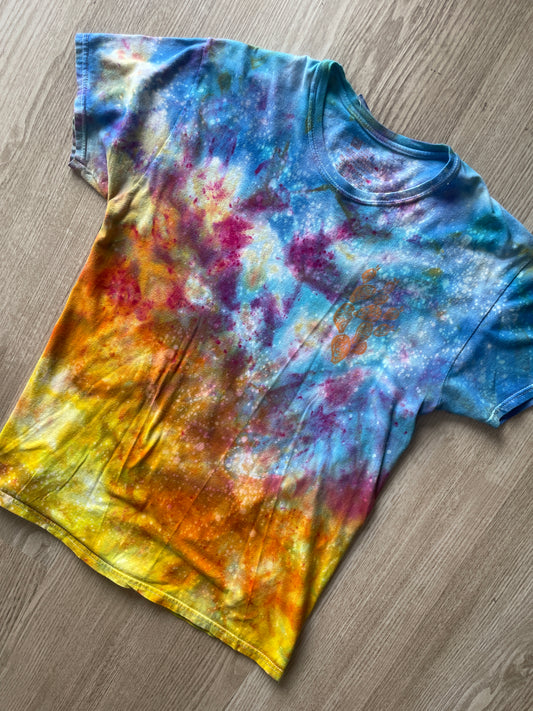 MEDIUM Men’s Prickly Pear Cactus Sunset Galaxy Tie Dye T-Shirt | One-Of-a-Kind Blue, Pink, and Yellow Crumpled Short Sleeve