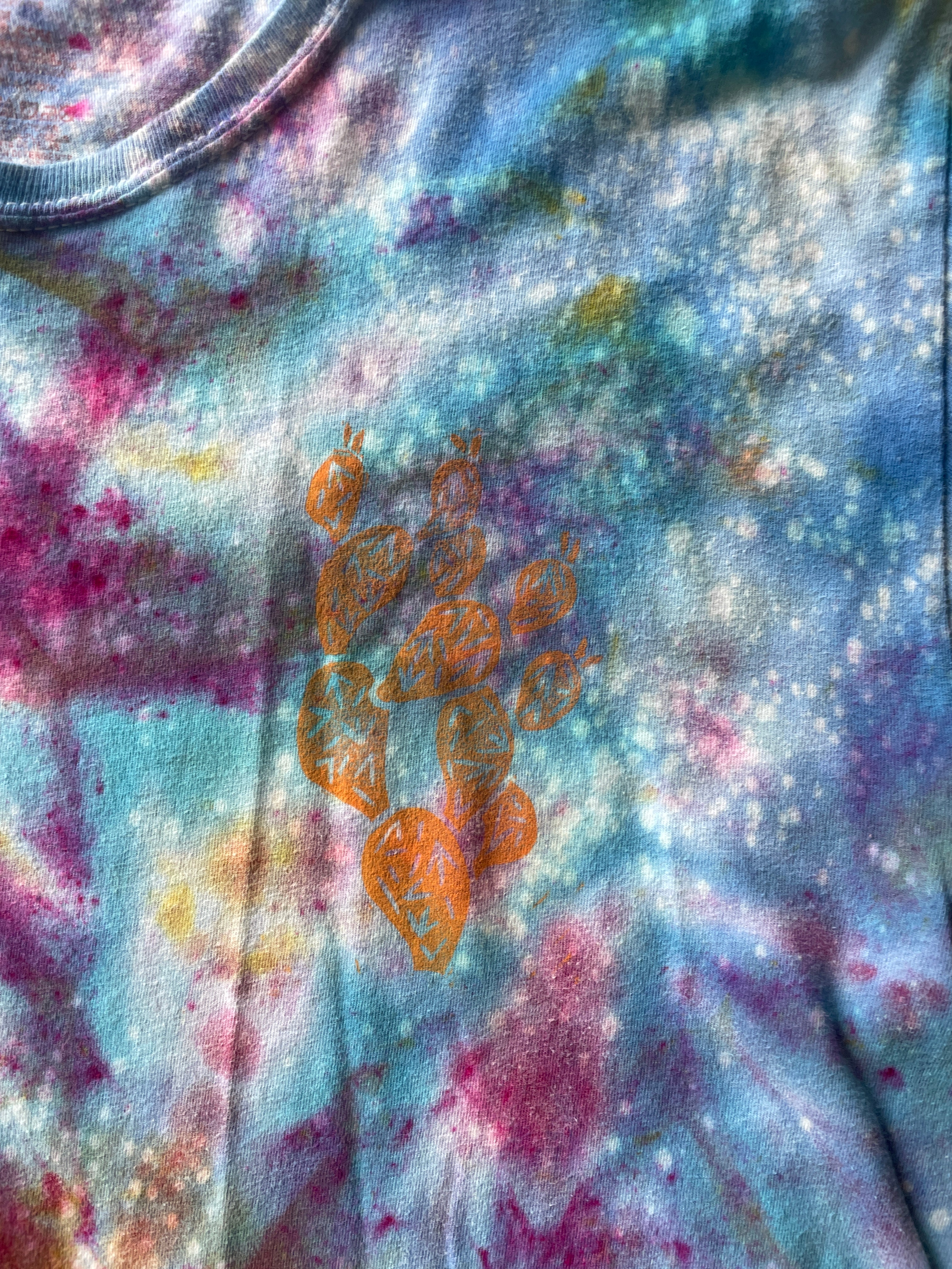 MEDIUM Men’s Prickly Pear Cactus Sunset Galaxy Tie Dye T-Shirt | One-Of-a-Kind Blue, Pink, and Yellow Crumpled Short Sleeve