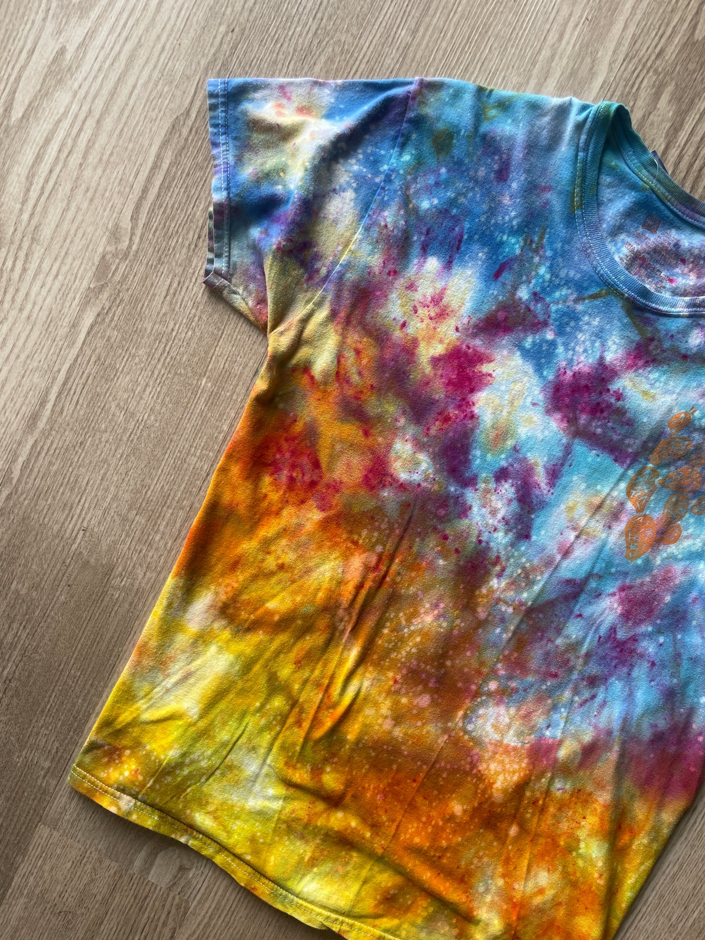 MEDIUM Men’s Prickly Pear Cactus Sunset Galaxy Tie Dye T-Shirt | One-Of-a-Kind Blue, Pink, and Yellow Crumpled Short Sleeve