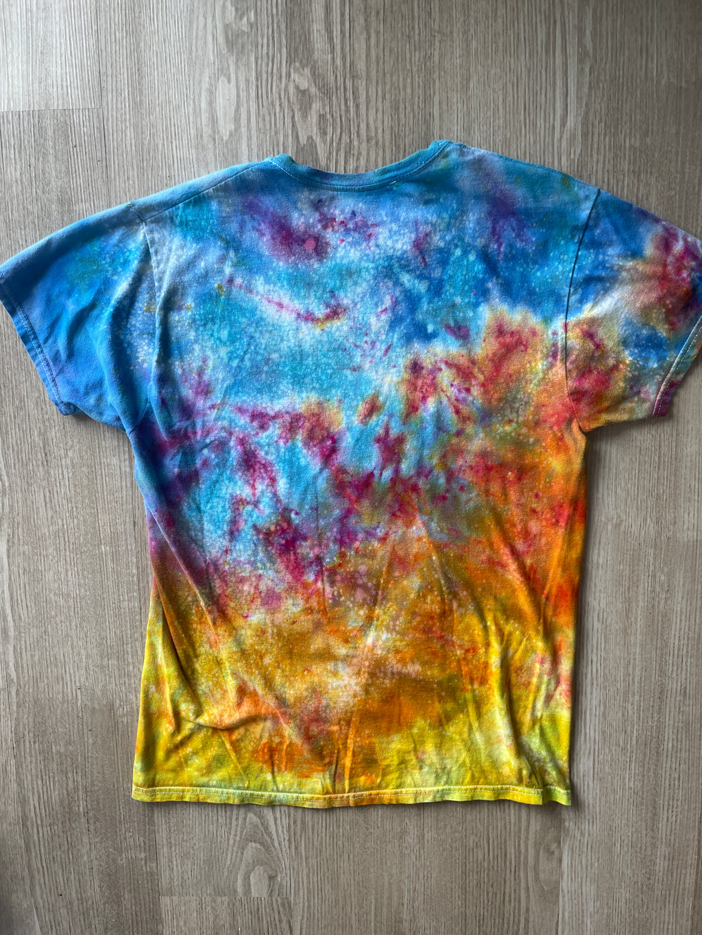 MEDIUM Men’s Prickly Pear Cactus Sunset Galaxy Tie Dye T-Shirt | One-Of-a-Kind Blue, Pink, and Yellow Crumpled Short Sleeve